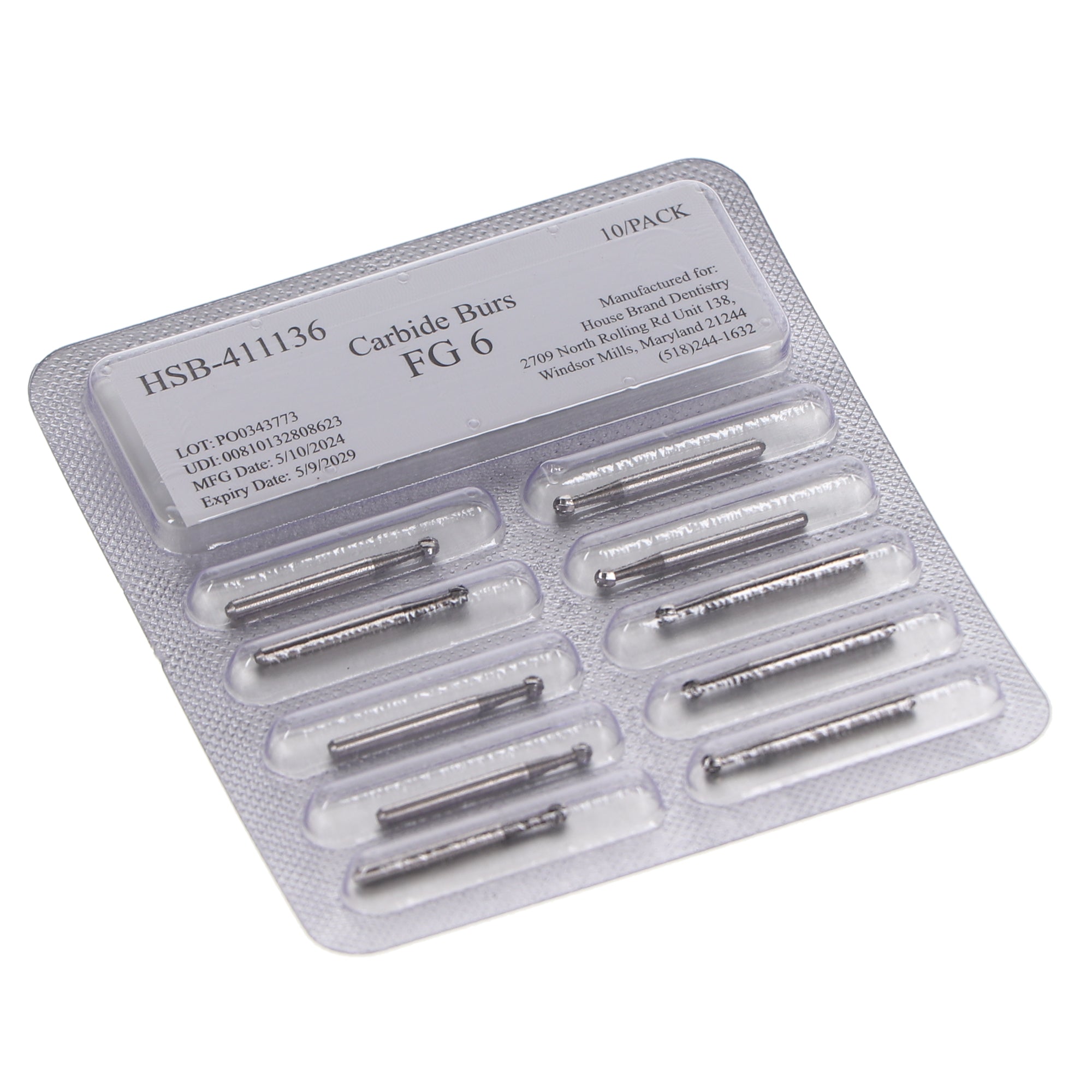 House Brand Dentistry 411136 HSB FG #6 Round Carbide Burs 10/Pk