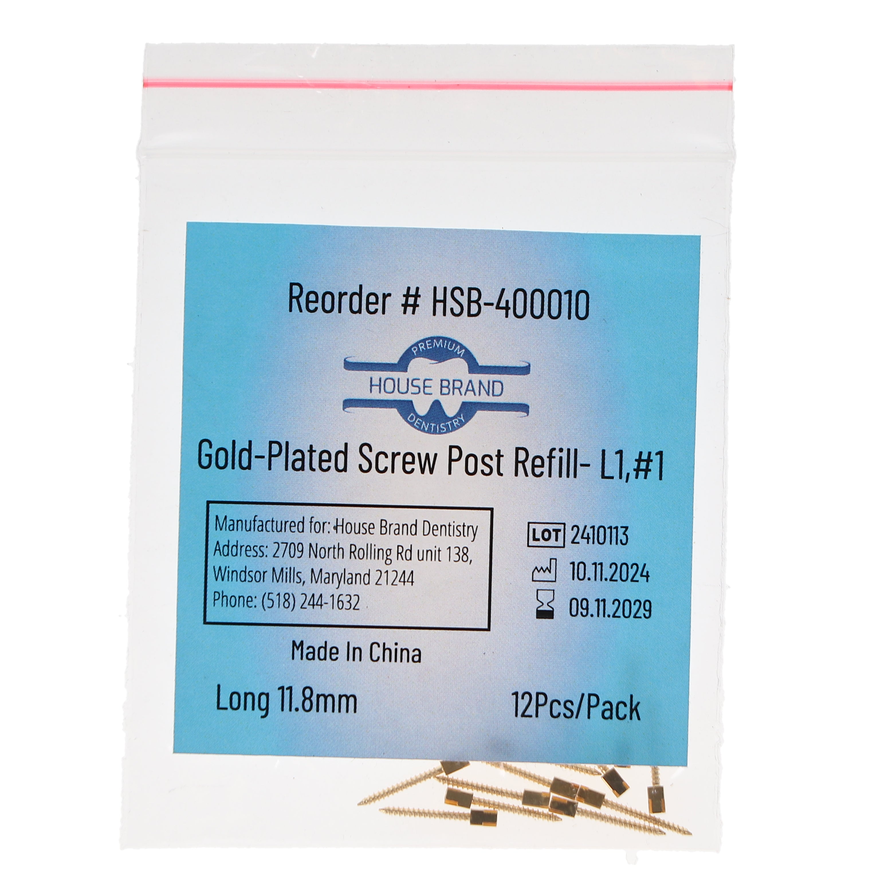 House Brand Dentistry 400010 HSB Gold Plated Screw Posts L1 #1 Long 11.8mm 12/Pk