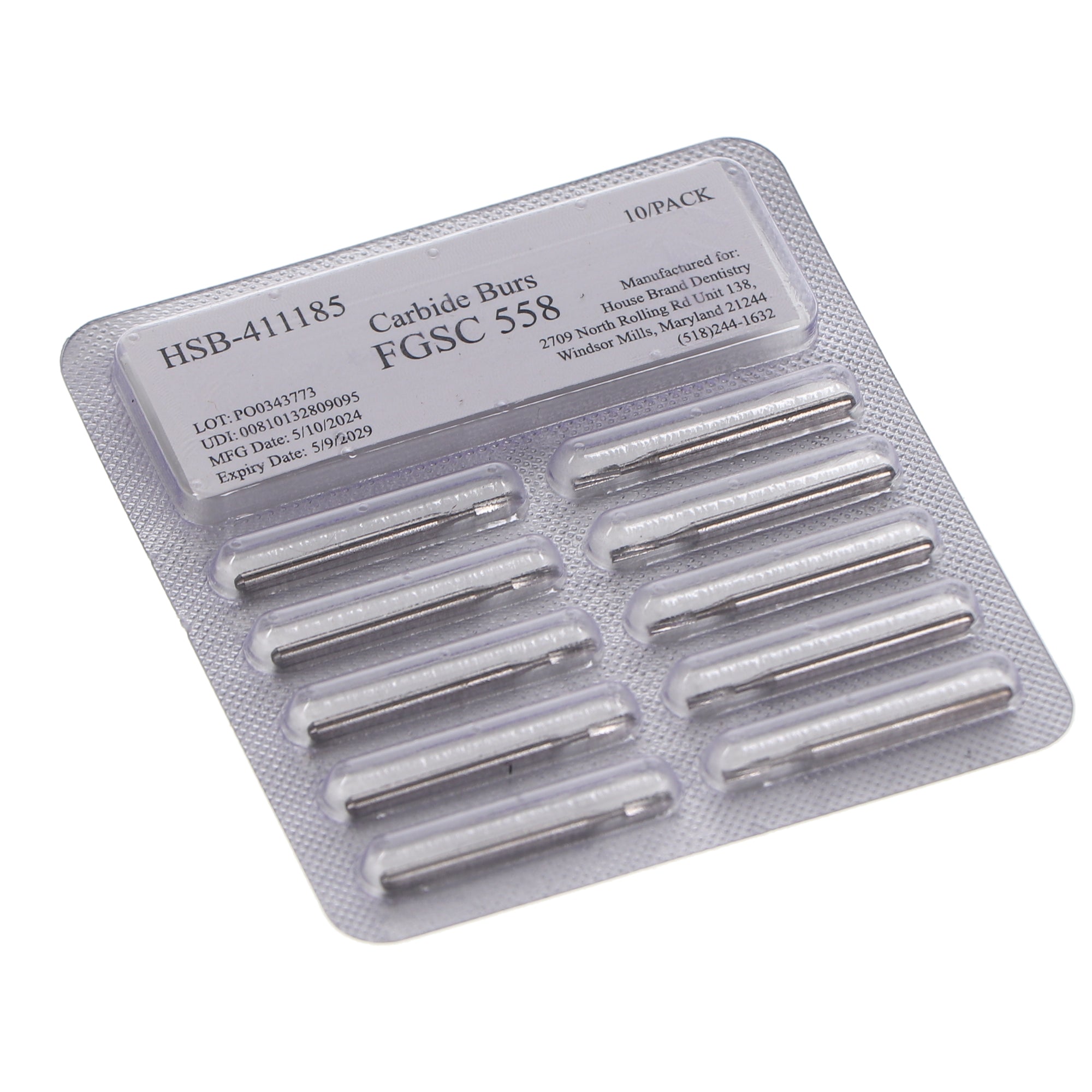 House Brand Dentistry 411185 HSB FG #558 Surgical Length Straight Fissure Crosscut Carbide Burs 10/Pk