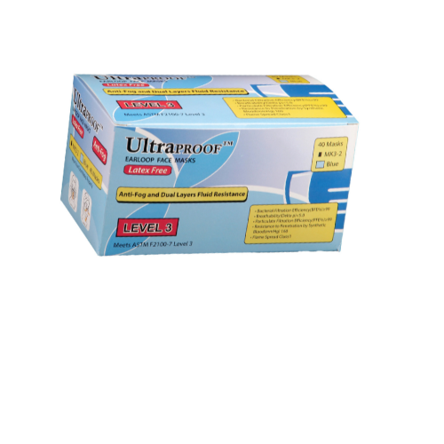 Plasdent MK3-2 Ultraproof Earloop Face Masks ASTM Level 3 Blue Latex Free 40/Pk