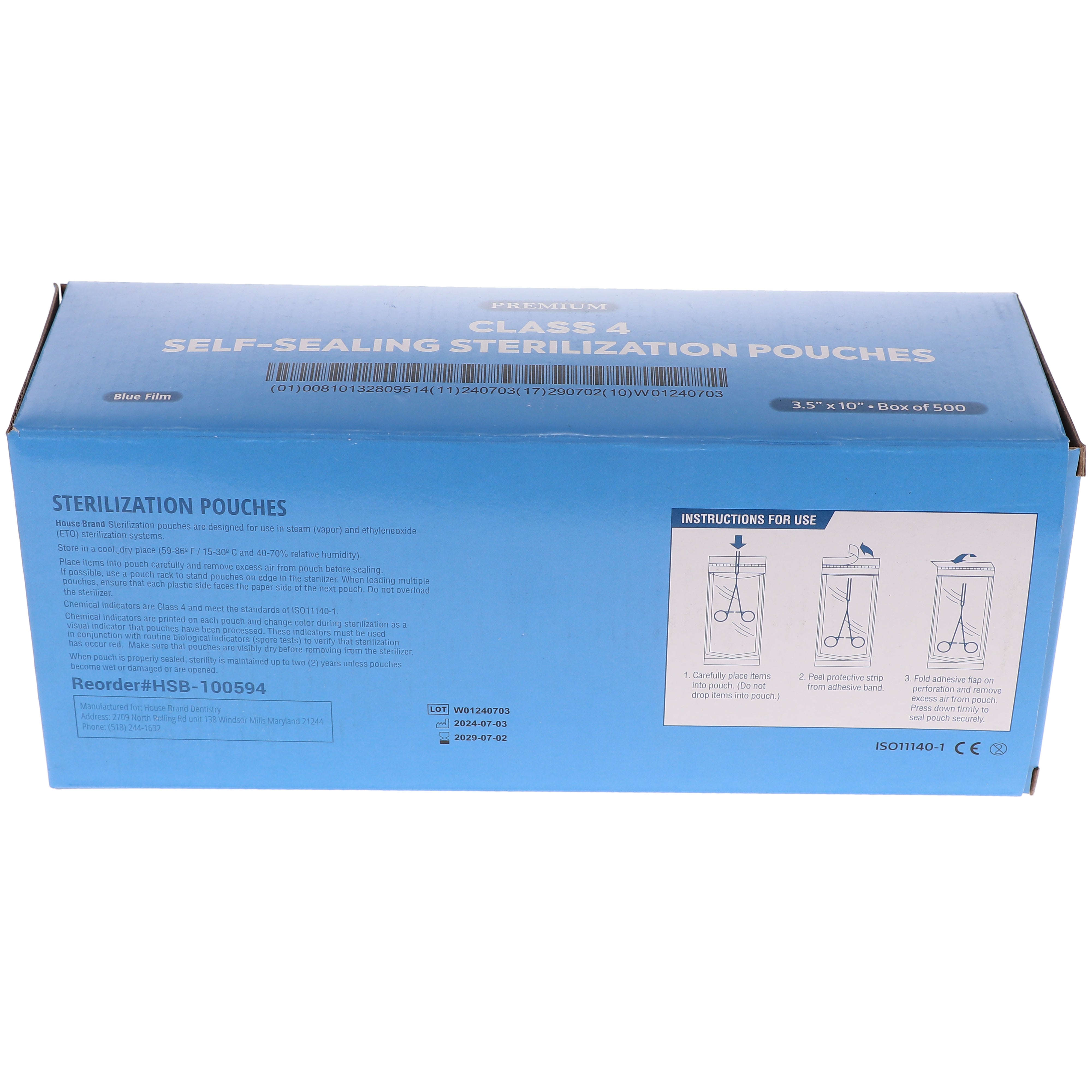 House Brand Dentistry 100594 HSB Self-Sealing Sterilization Pouches 3.50