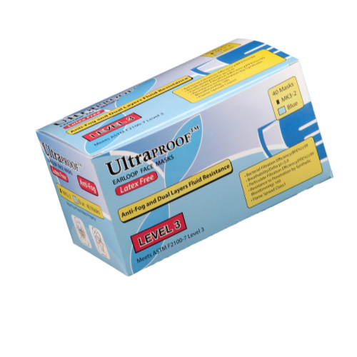 Plasdent MK3-2 Ultraproof Earloop Face Masks ASTM Level 3 Blue Latex Free 40/Pk