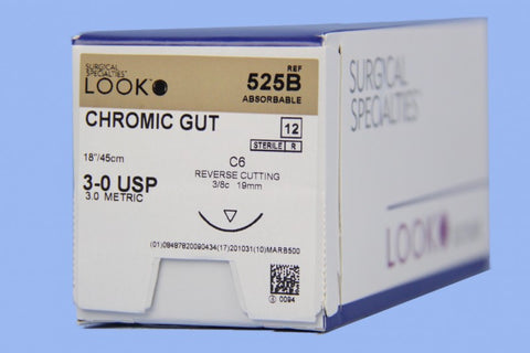 Look 525B Chromic Gut Absorbable Reverse Cutting Sutures C6 3/8 Circle 3-0 18" 12/Bx