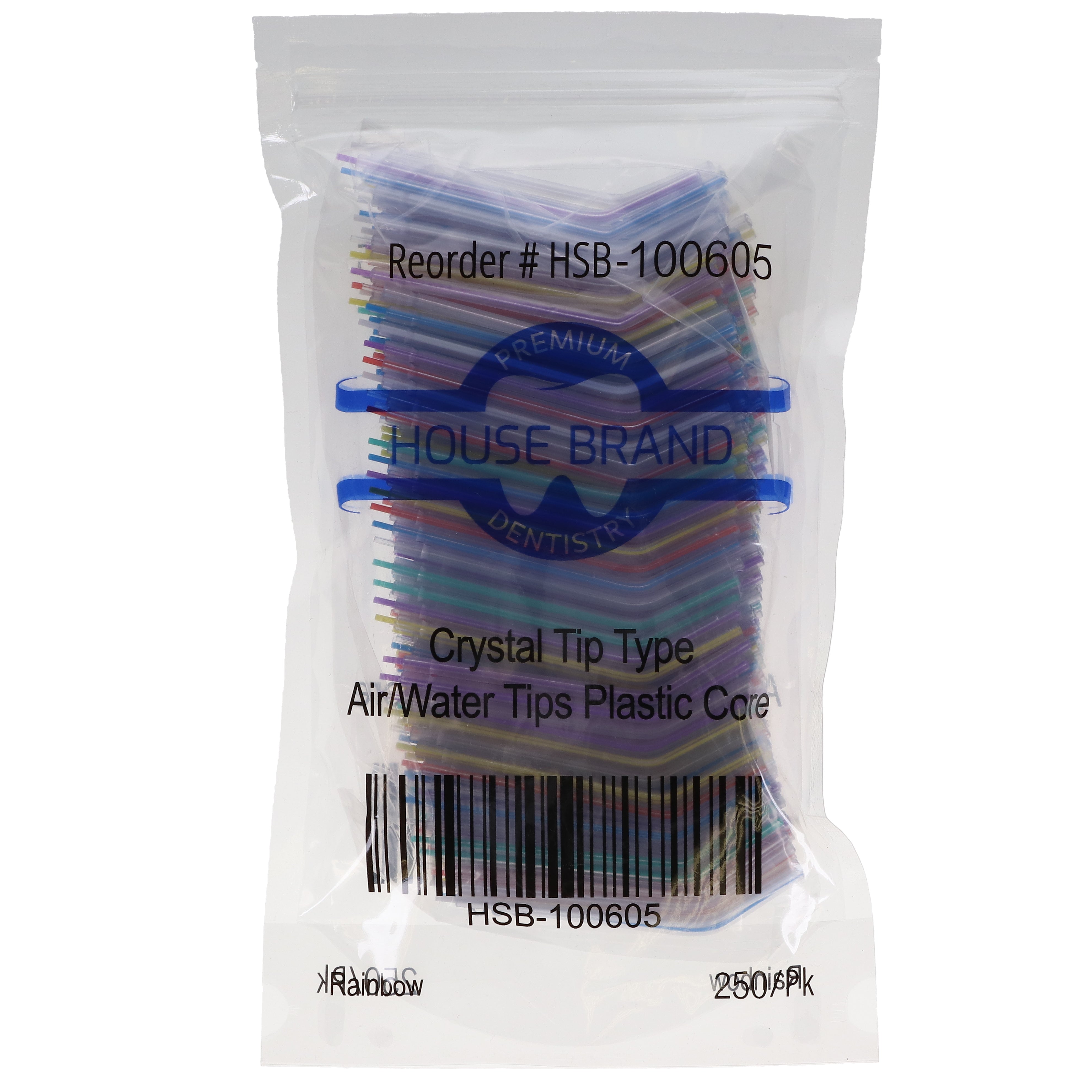 House Brand Dentistry 100605 Crystal Tip Type Air/Water Dental Tips Plastic Core Rainbow 250/Pk