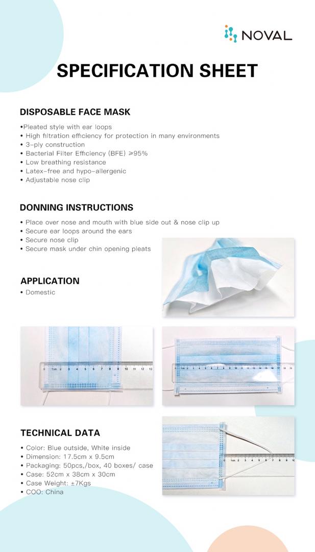 House Brand 906112 Non Woven 3 Ply Disposable Face Masks Blue 17.5 x 9.5 cm BFE 95% 50/Pk
