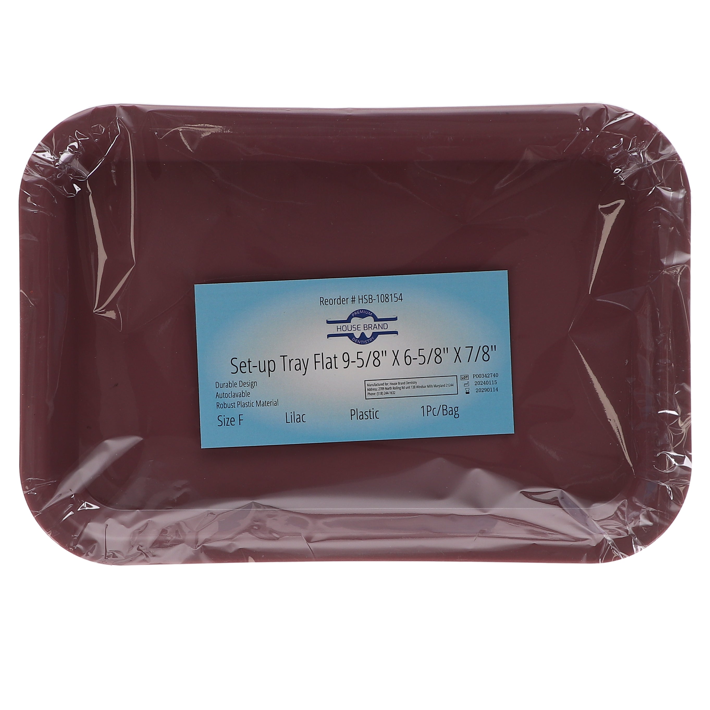 House Brand Dentistry 108154 HSB Set-Up Tray Flat #F Lilac Plastic 9-5/8