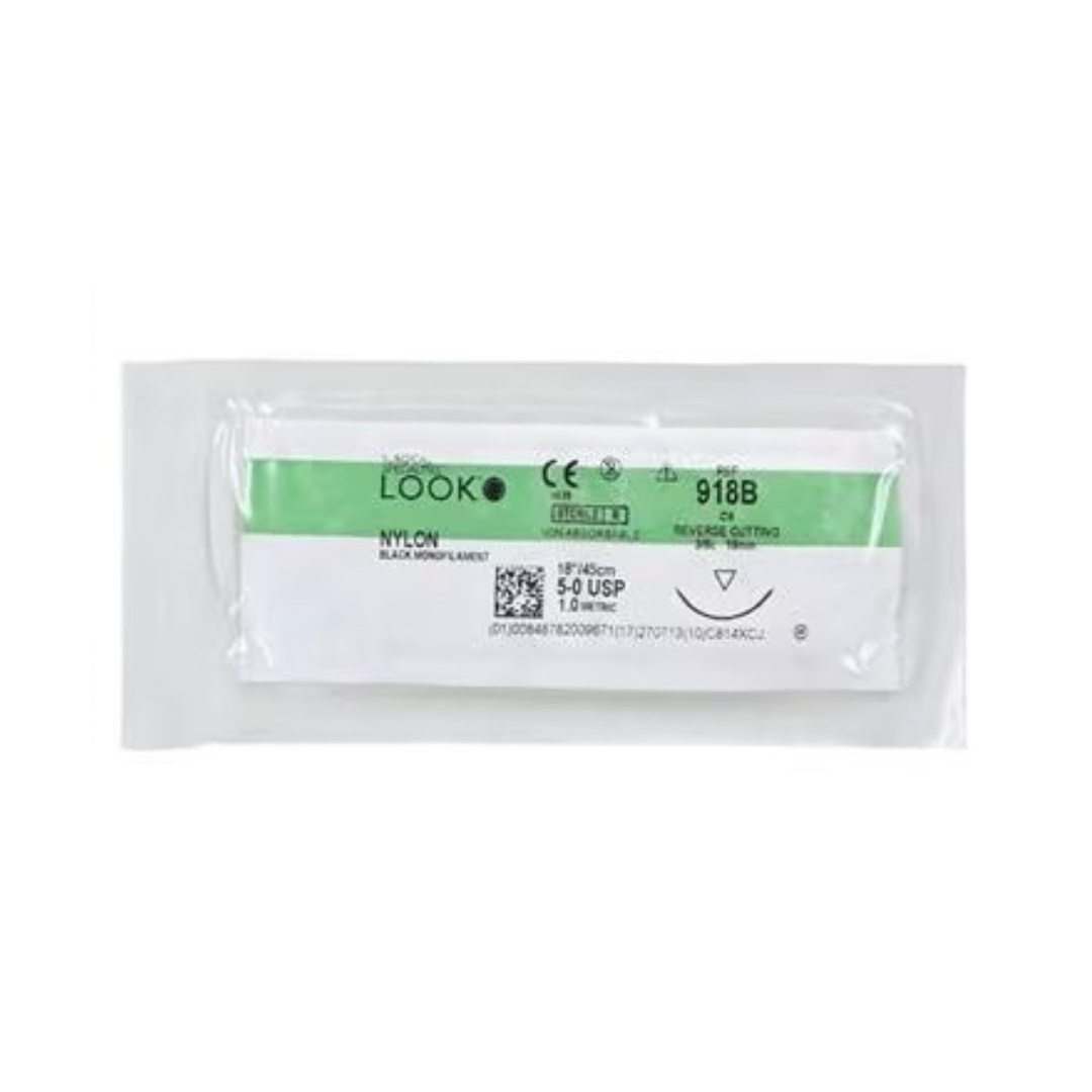 Look 918B Nylon Black Monofilament Reverse Cutting Sutures C6 3/8 Circle 5-0 18
