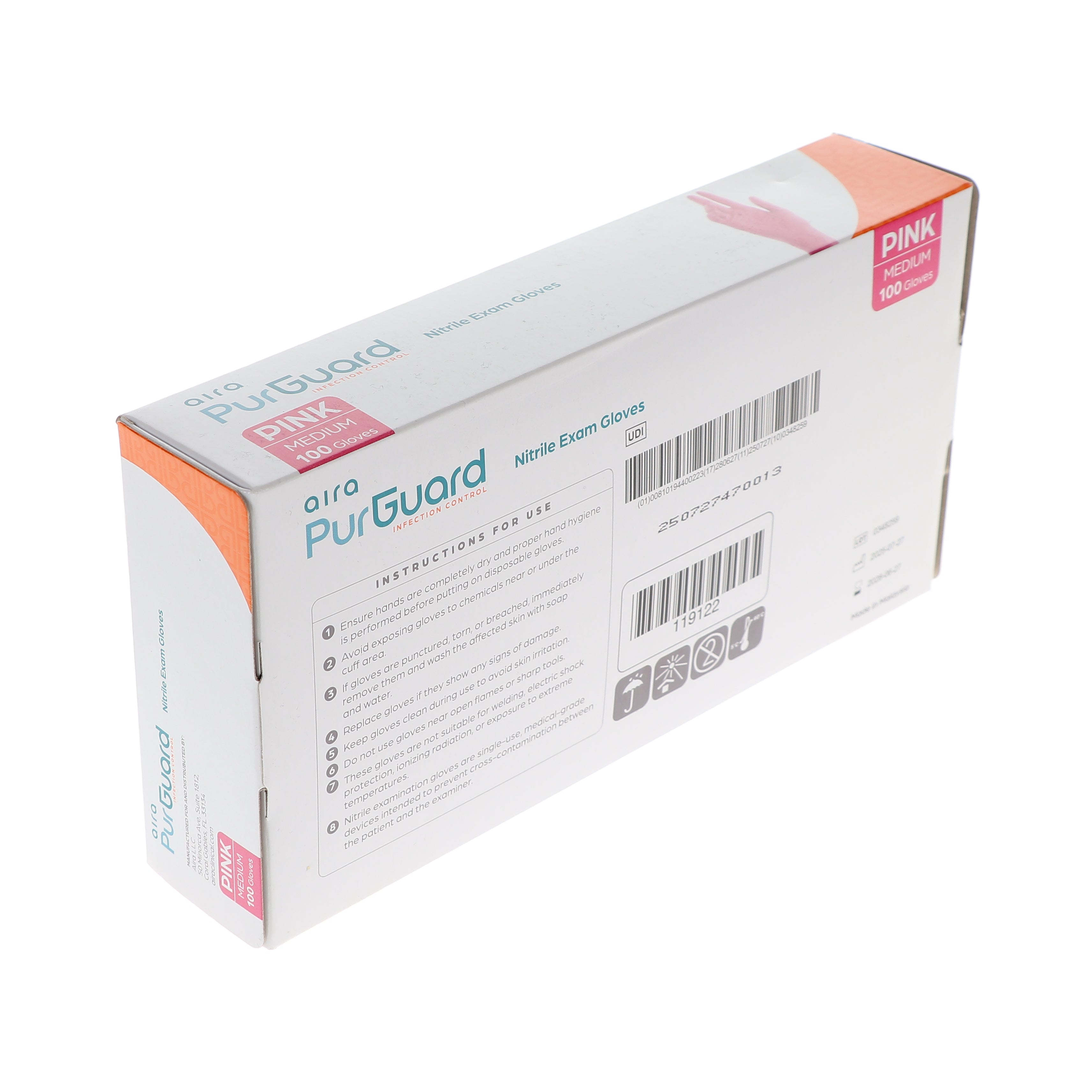 AIRA 119122 PurGuard Nitrile Exam Gloves Pink Medium Latex Free Powder Free 100/Bx