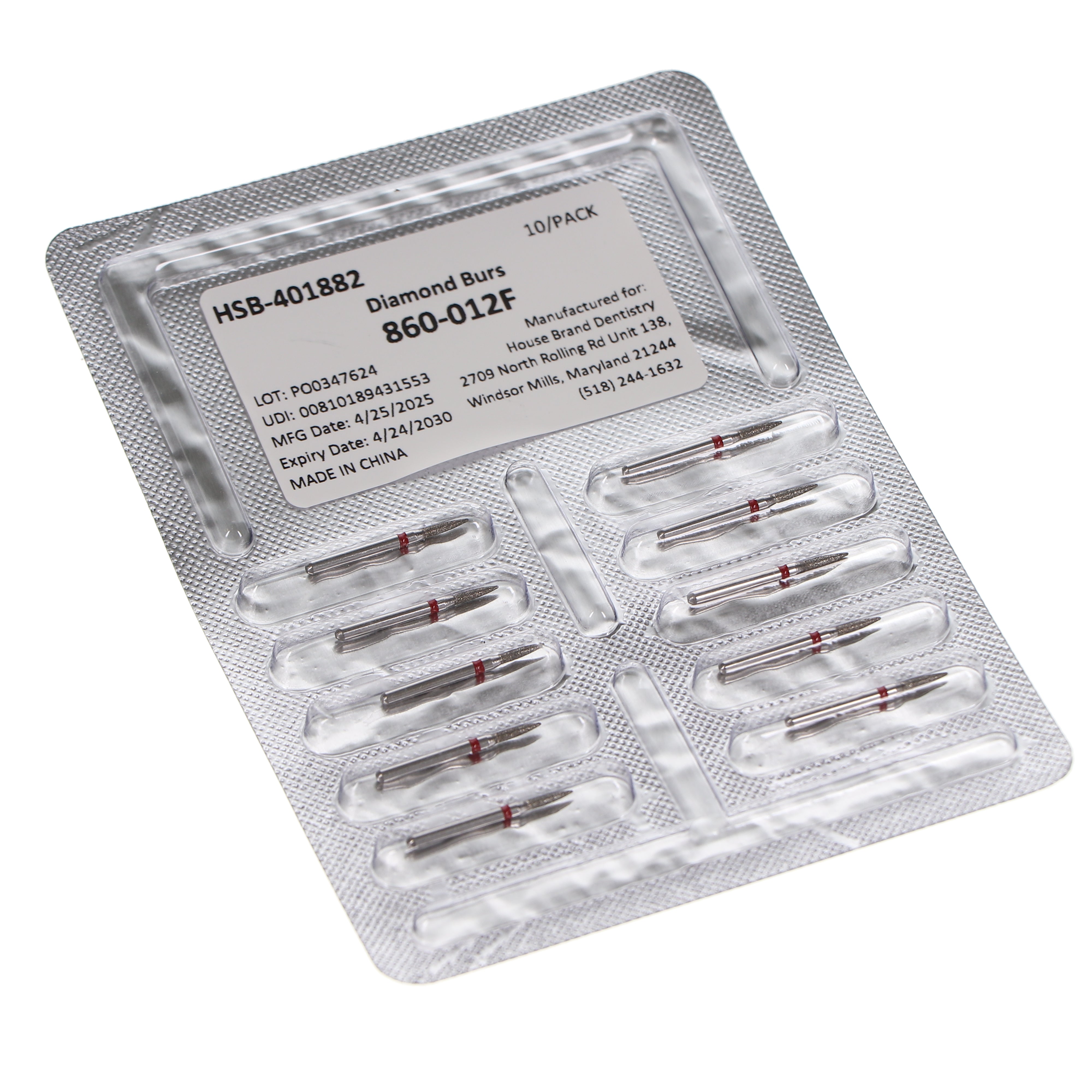 House Brand Dentistry 401882 HSB FG 860-012F Flame Fine Grit Diamond Burs 10/Pk