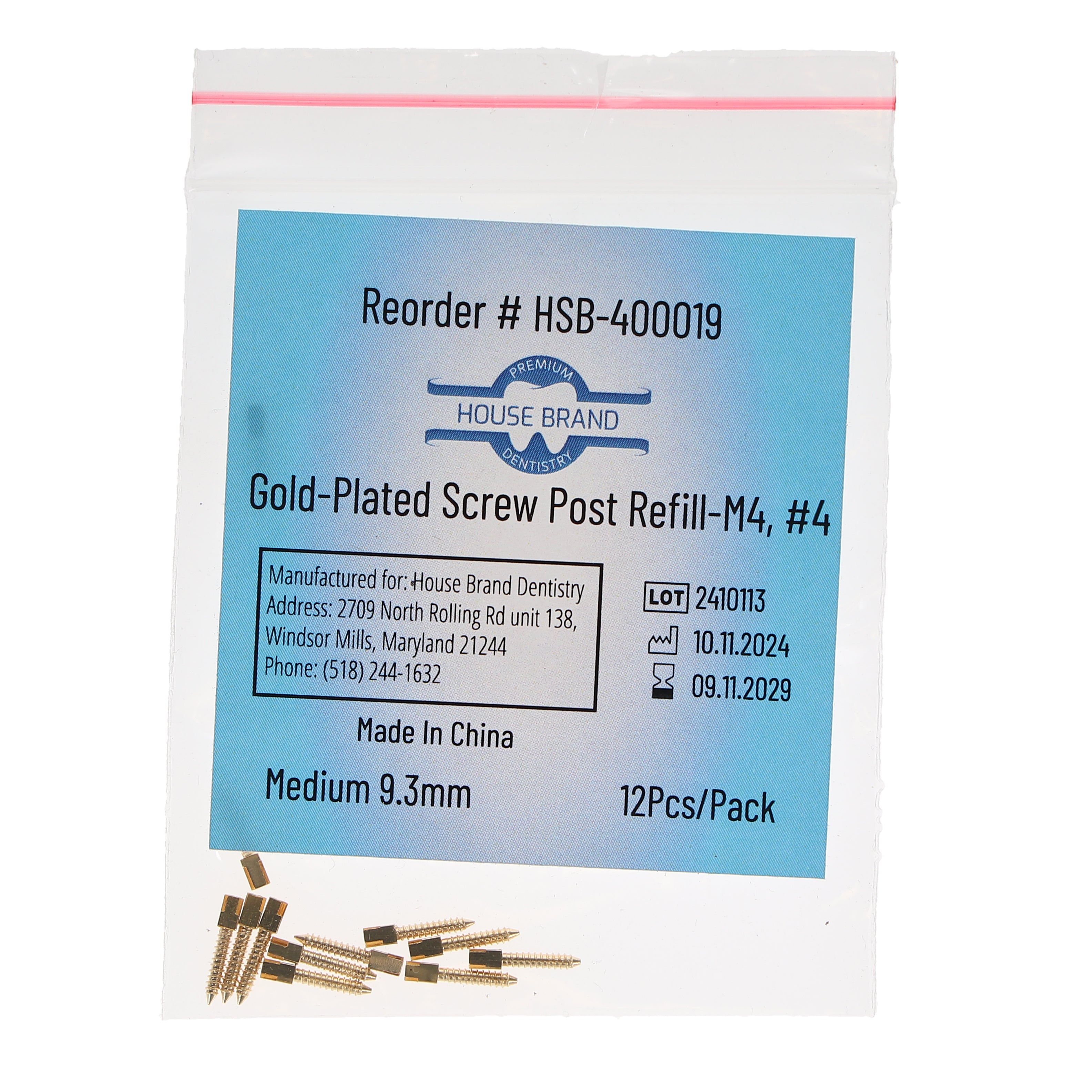 House Brand Dentistry 400019 HSB Gold Plated Screw Posts M4 #4 Medium 9.3mm 12/Pk