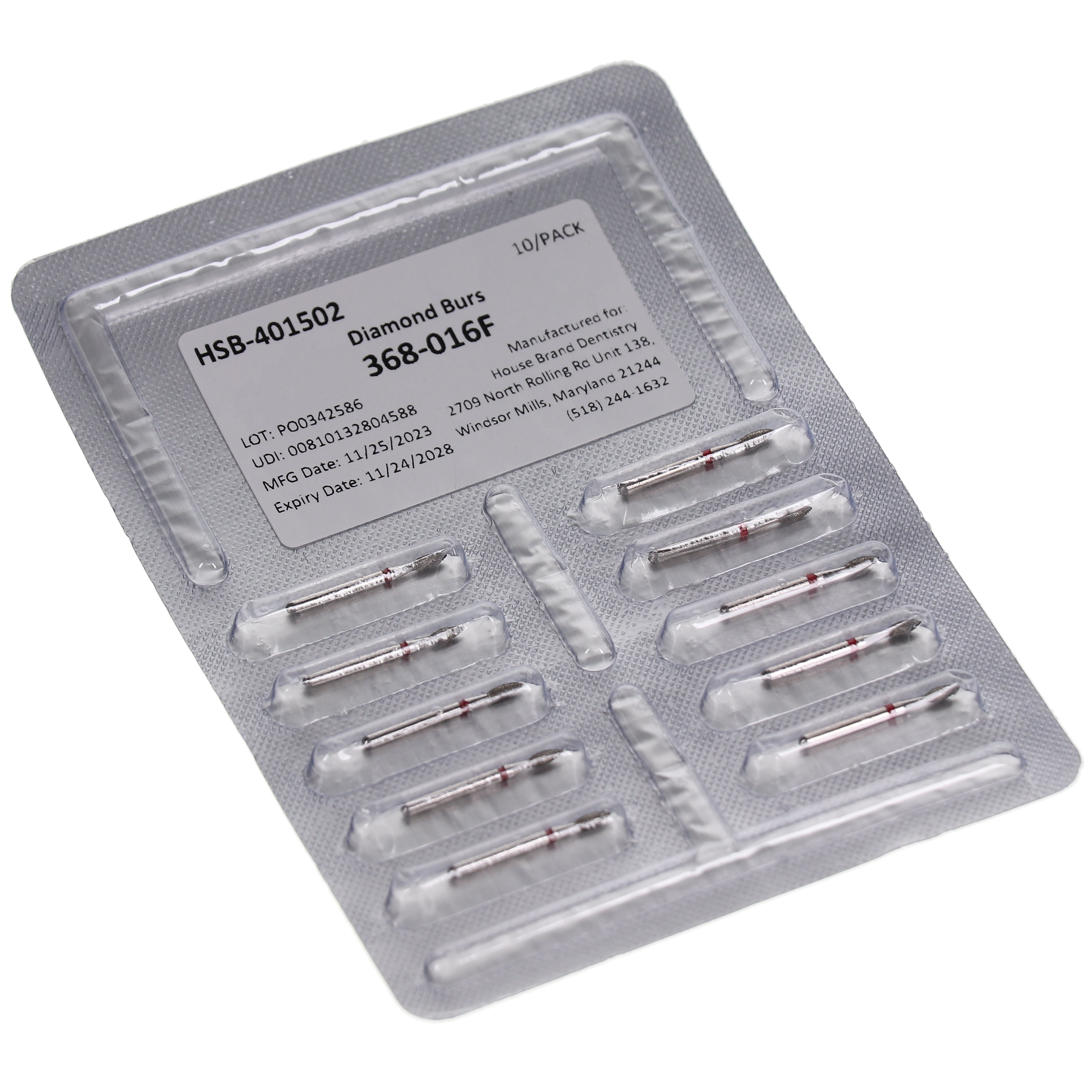 House Brand Dentistry 401502 HSB FG 368-016F Football Fine Grit Diamond Burs 10/Pk