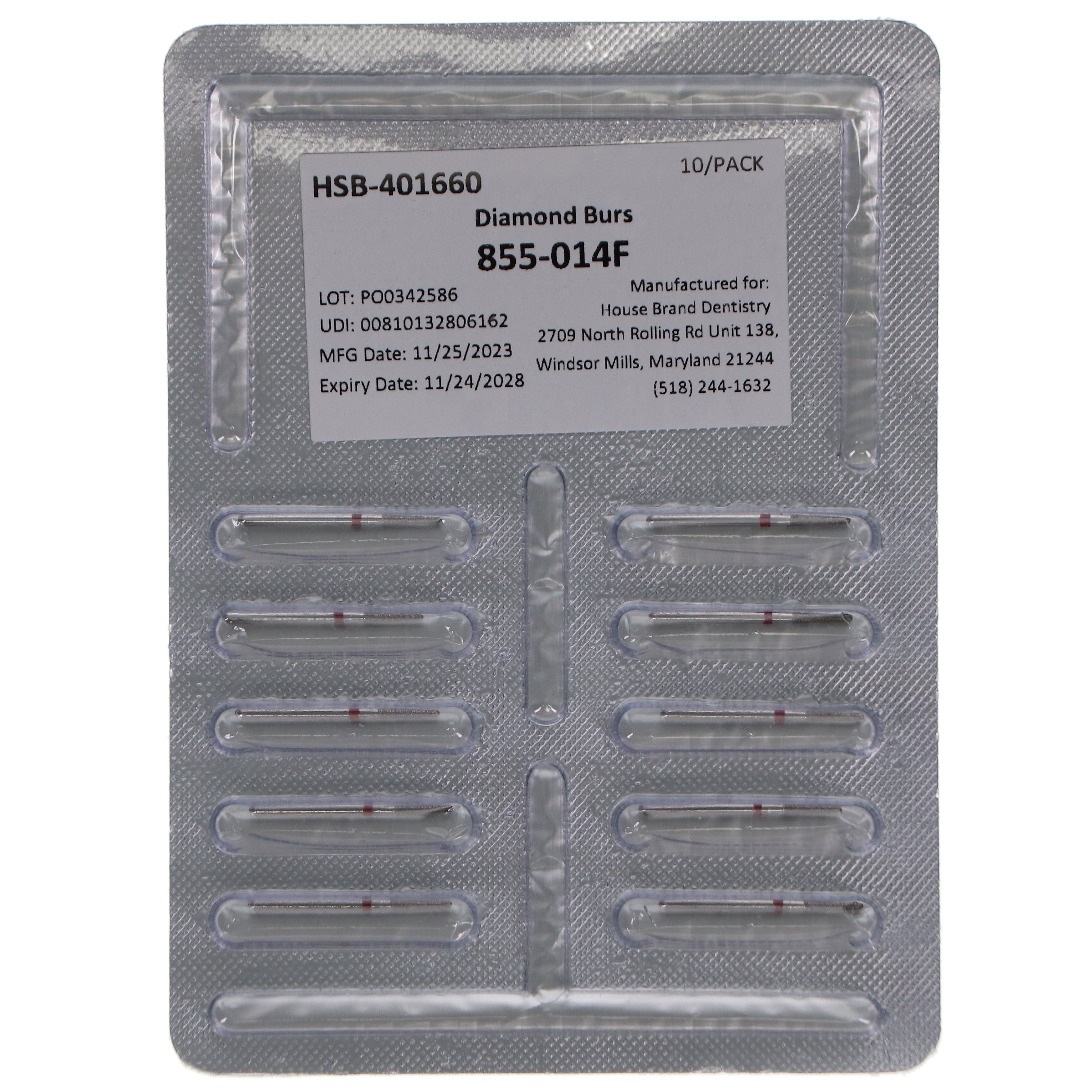 House Brand Dentistry 401660 HSB FG 855-014F Round End Taper Fine Grit Diamond Burs 10/Pk