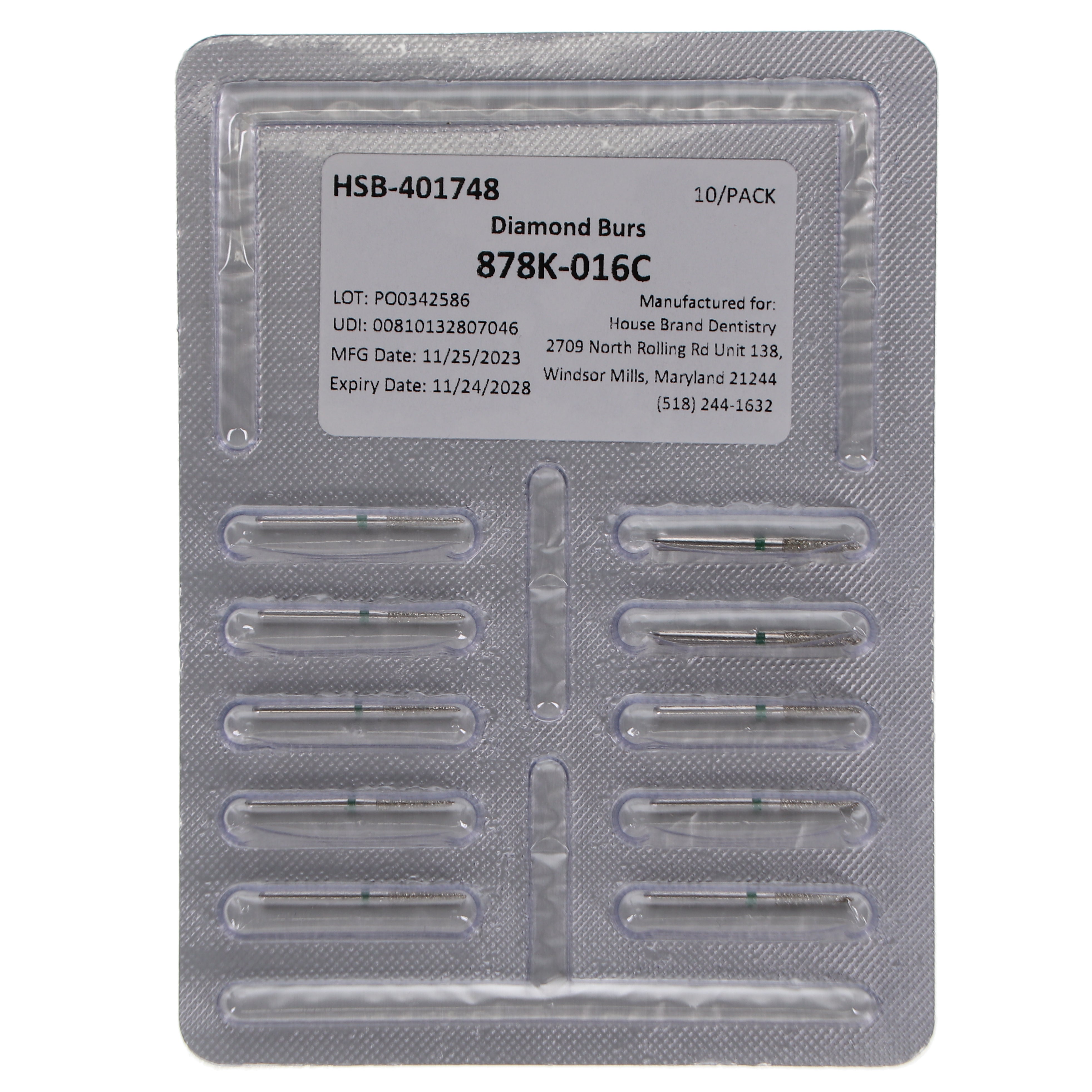 House Brand Dentistry 401748 HSB FG 878K-016C Gingival Curettage Coarse Grit Diamond Burs 10/Pk