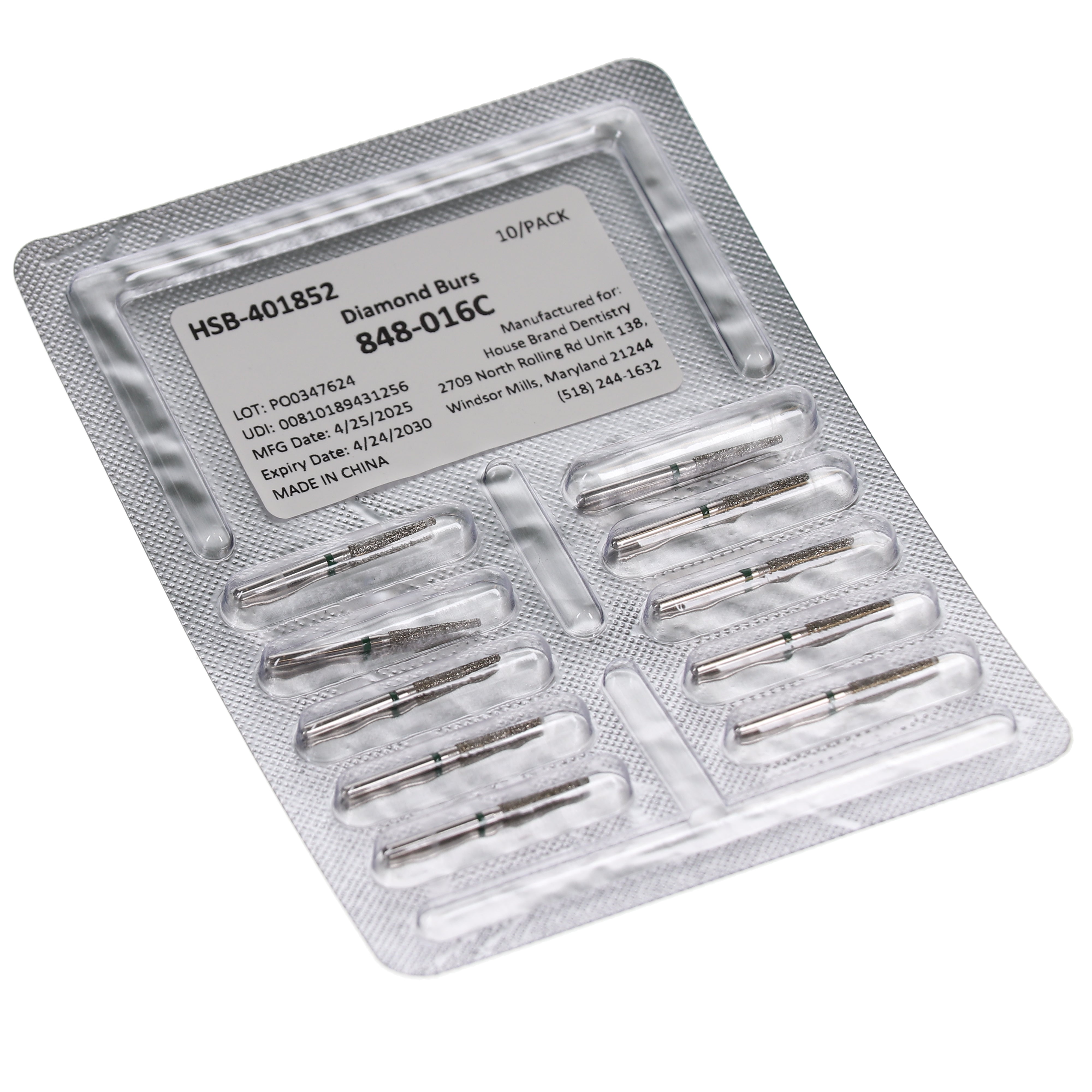 House Brand Dentistry 401852 HSB FG 848-016C Flat End Taper Coarse Grit Diamond Burs 10/Pk