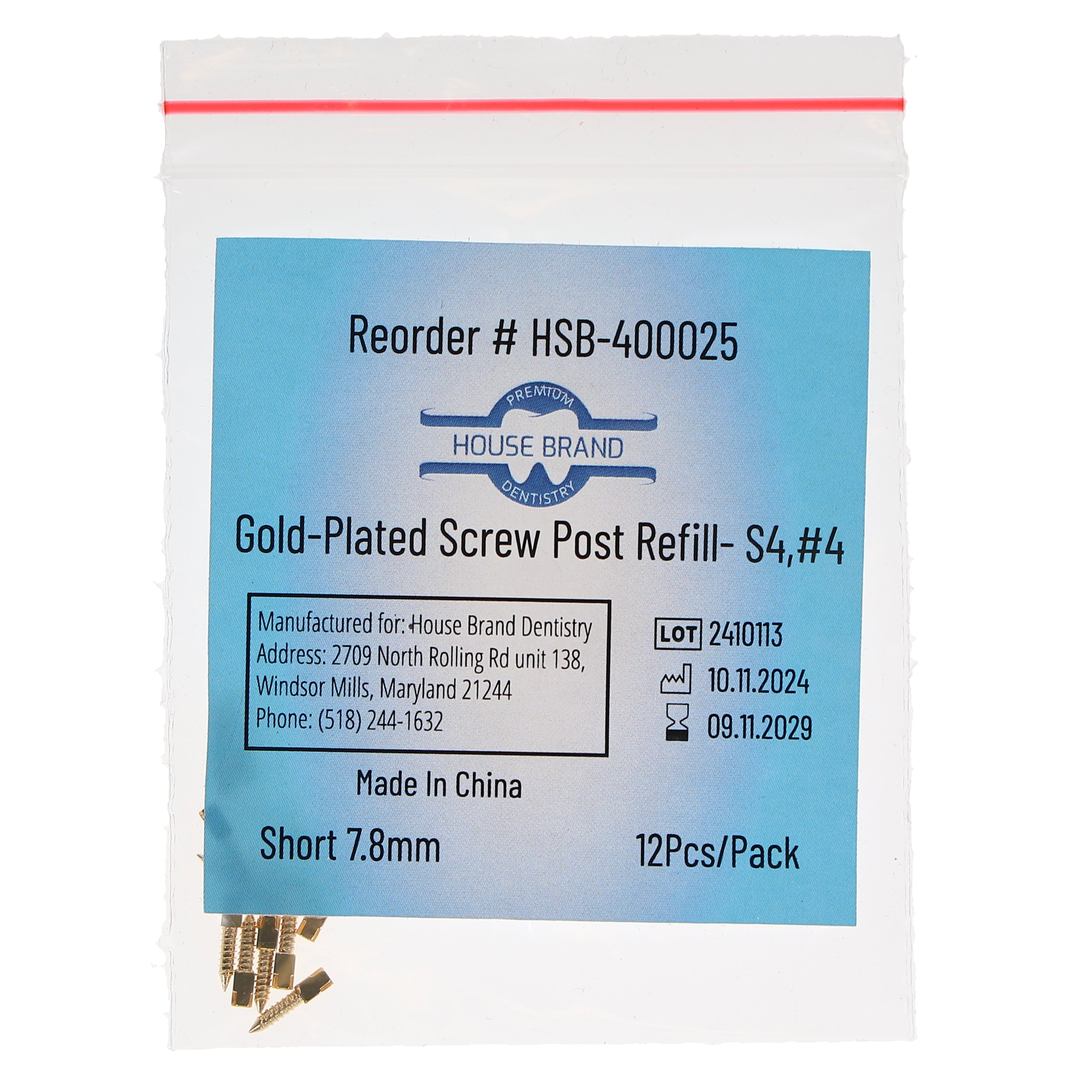 House Brand Dentistry 400025 HSB Gold Plated Screw Posts S4 #4 Short 7.8mm 12/Pk