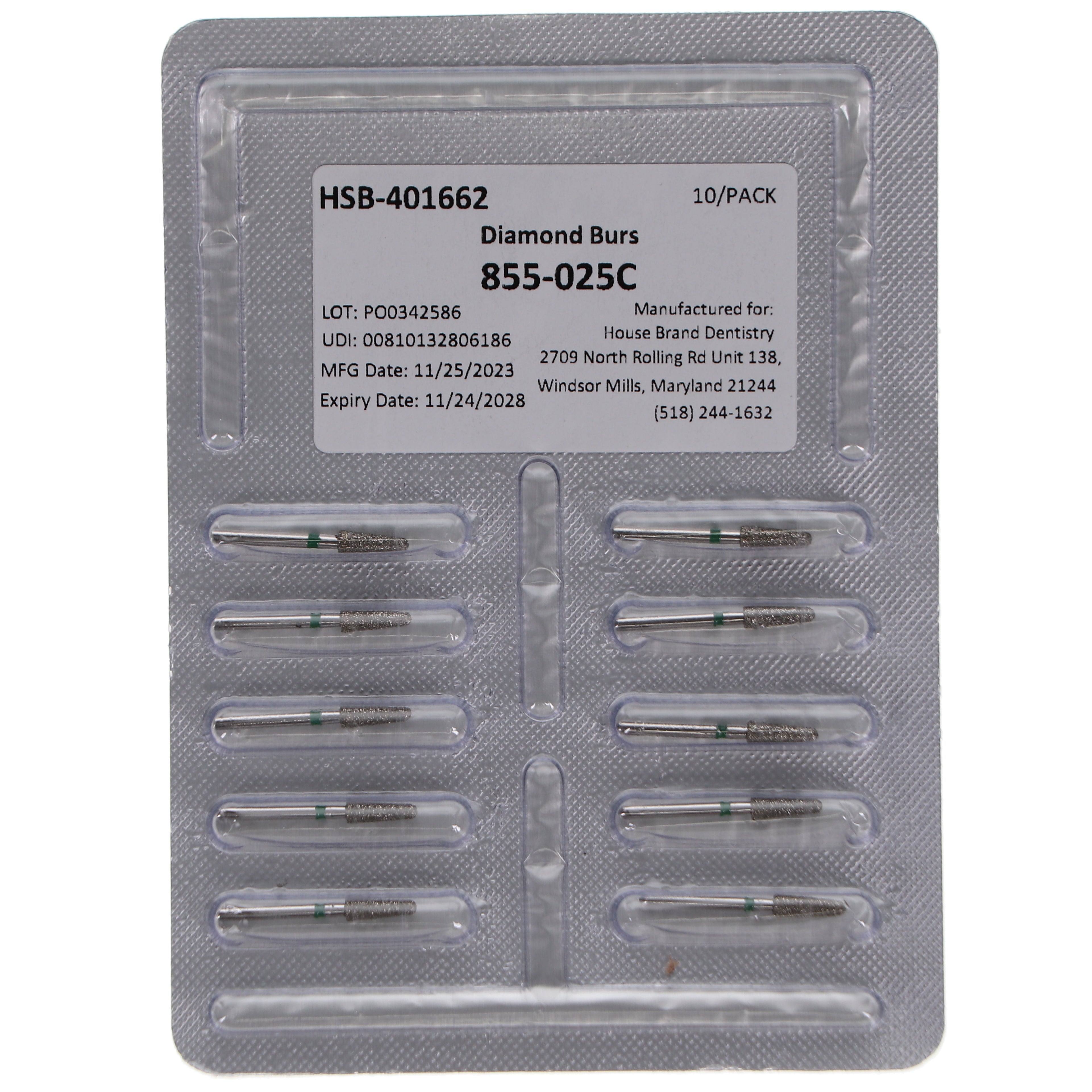 House Brand Dentistry 401662 HSB FG 855-025C Round End Taper Coarse Grit Diamond Burs 10/Pk