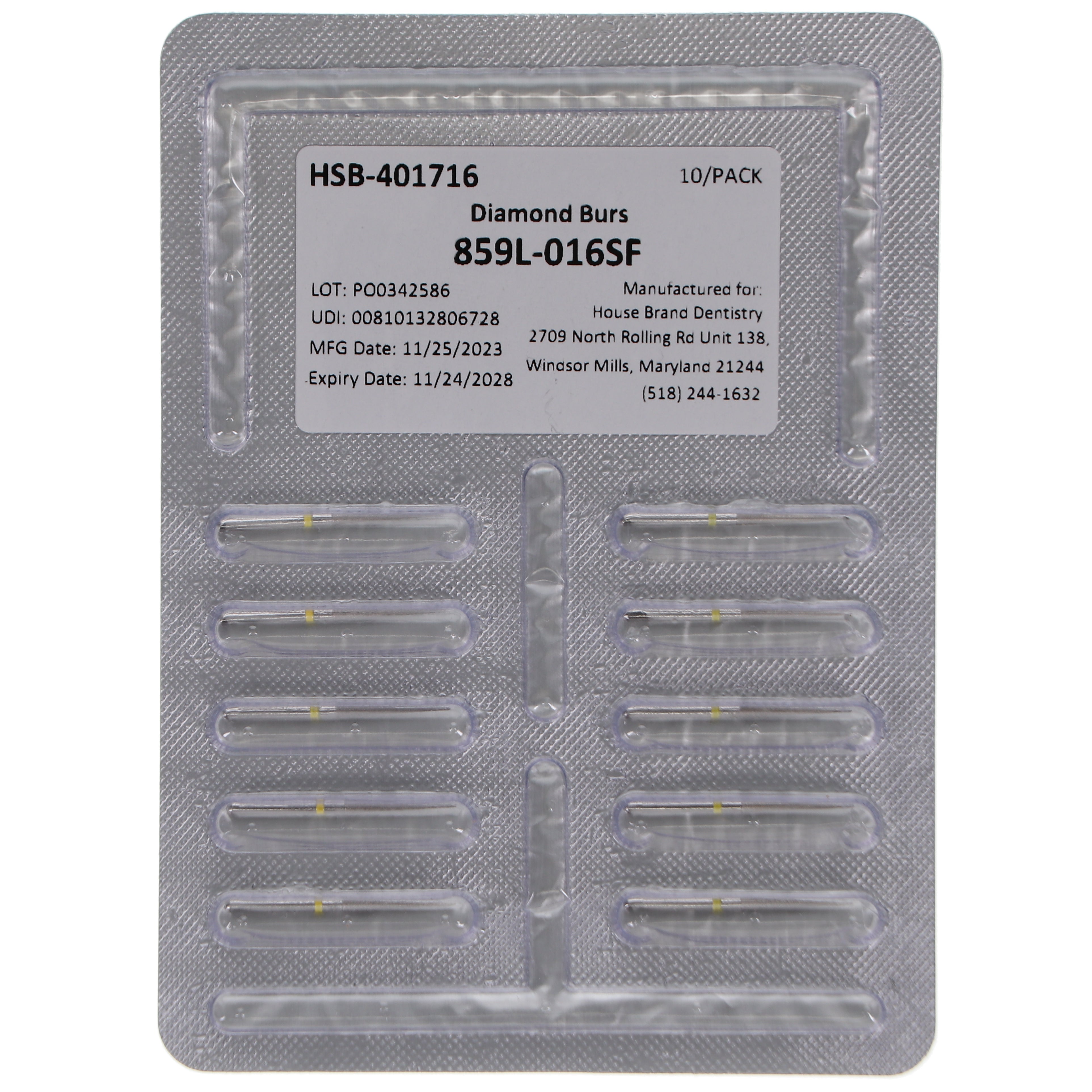 House Brand Dentistry 401716 HSB FG 859L-016SF Needle Long Super Fine Grit Diamond Burs 10/Pk