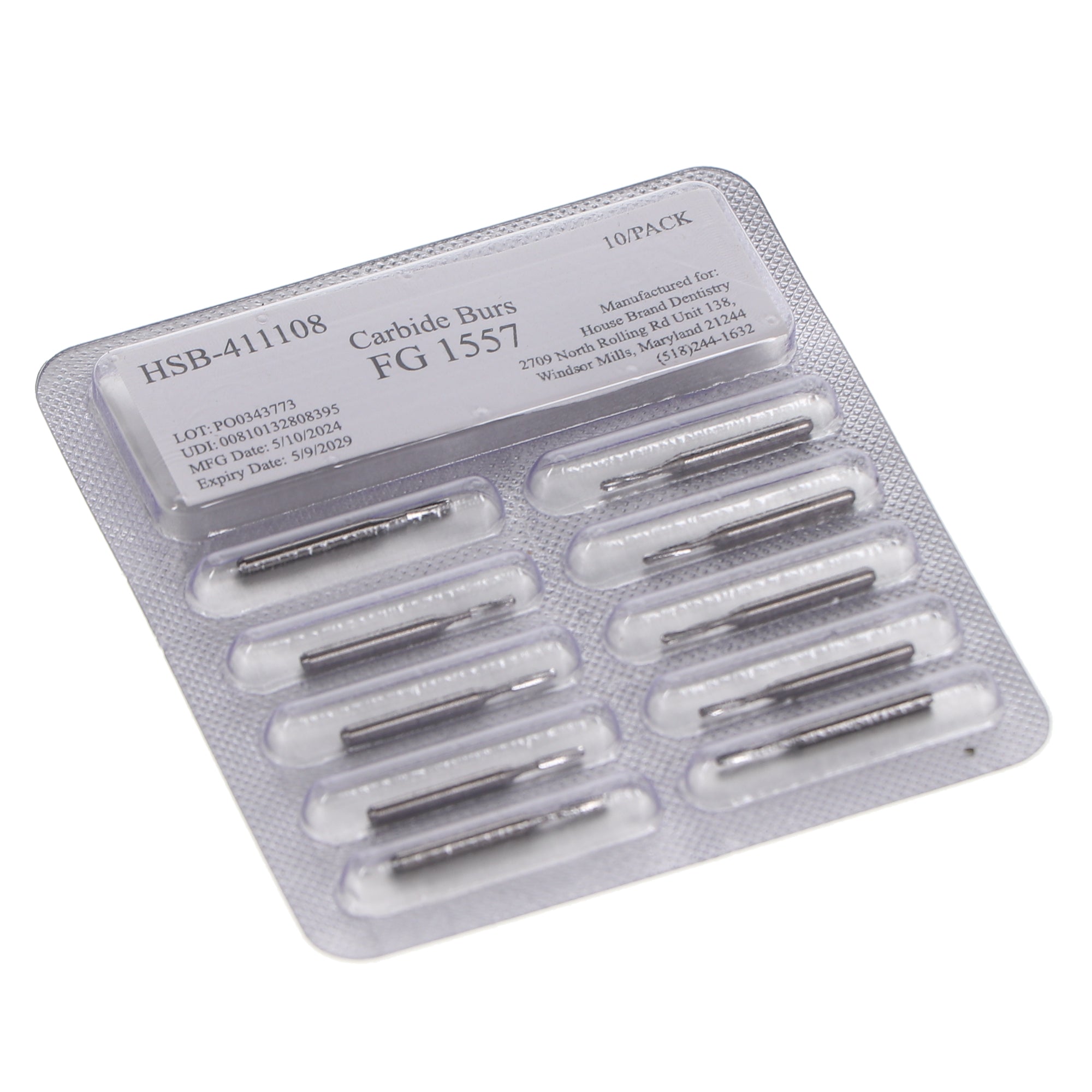 House Brand Dentistry 411108 HSB FG #1557 Straight Round End Dome Crosscut Fissure Carbide Burs 10/Pk