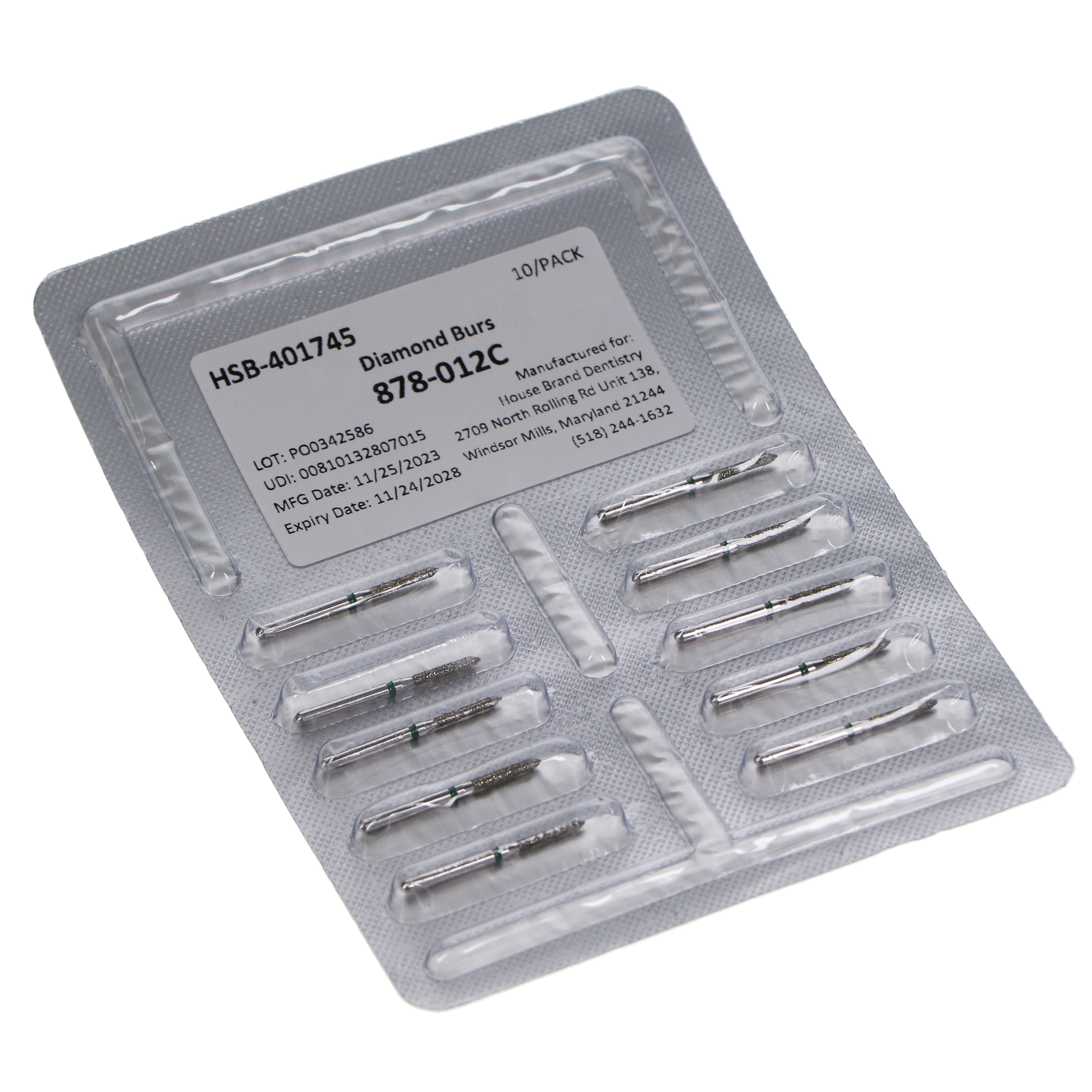 House Brand Dentistry 401745 HSB FG 878-012C Beveled Cylinder Coarse Grit Diamond Burs 10/Pk