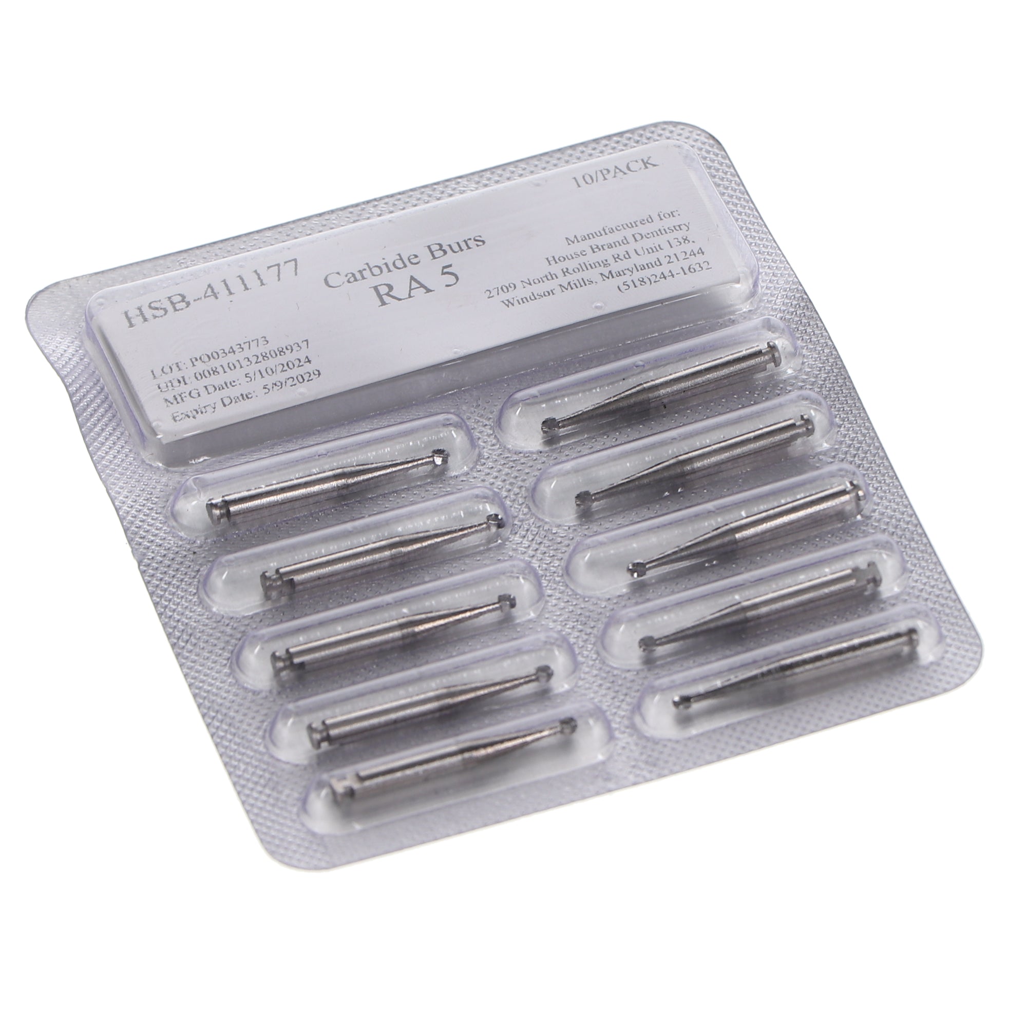 House Brand Dentistry 411177 HSB RA #5 Round Carbide Burs 10/Pk