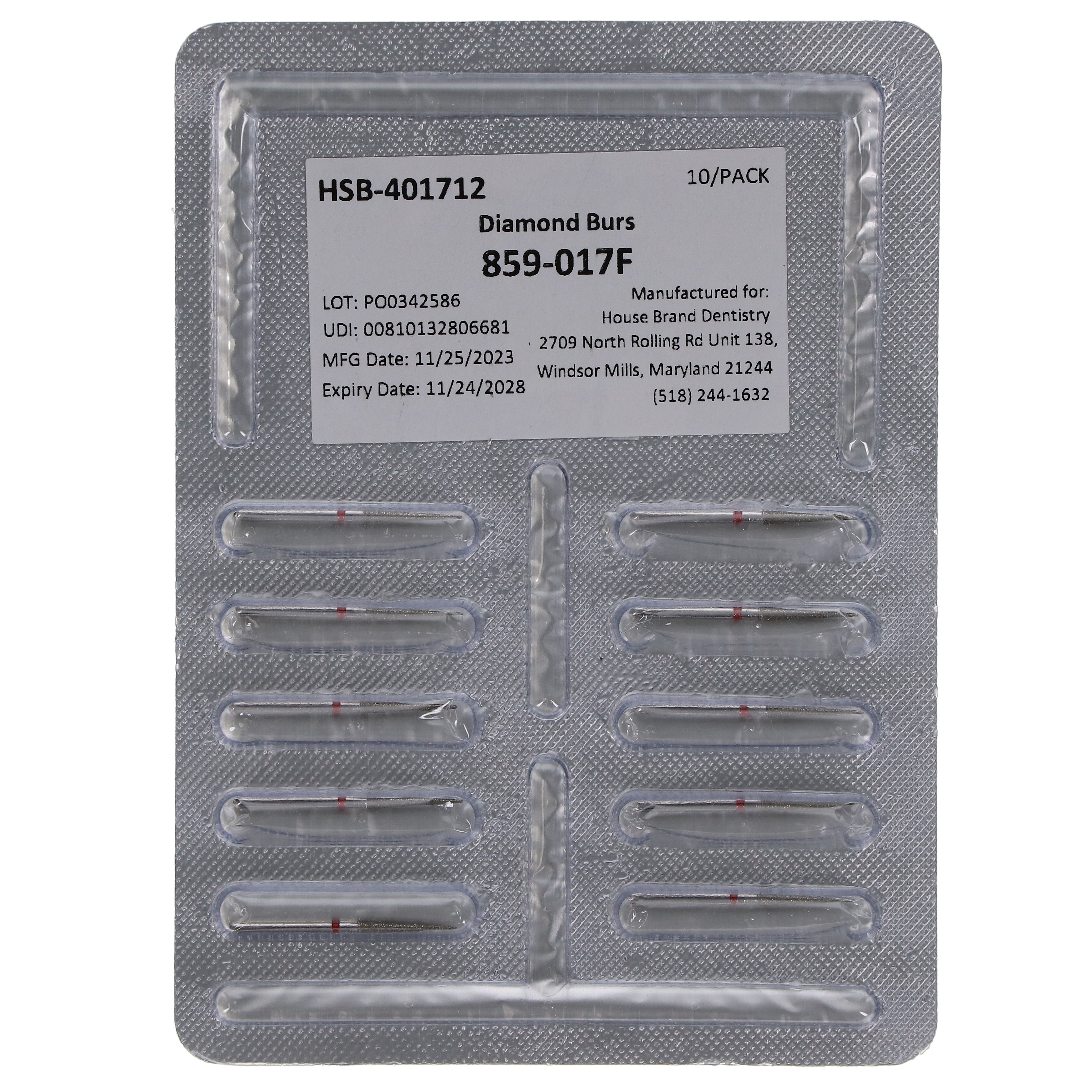 House Brand Dentistry 401712 FG 859-017F Needle Fine Grit Diamond Burs 10/Pk