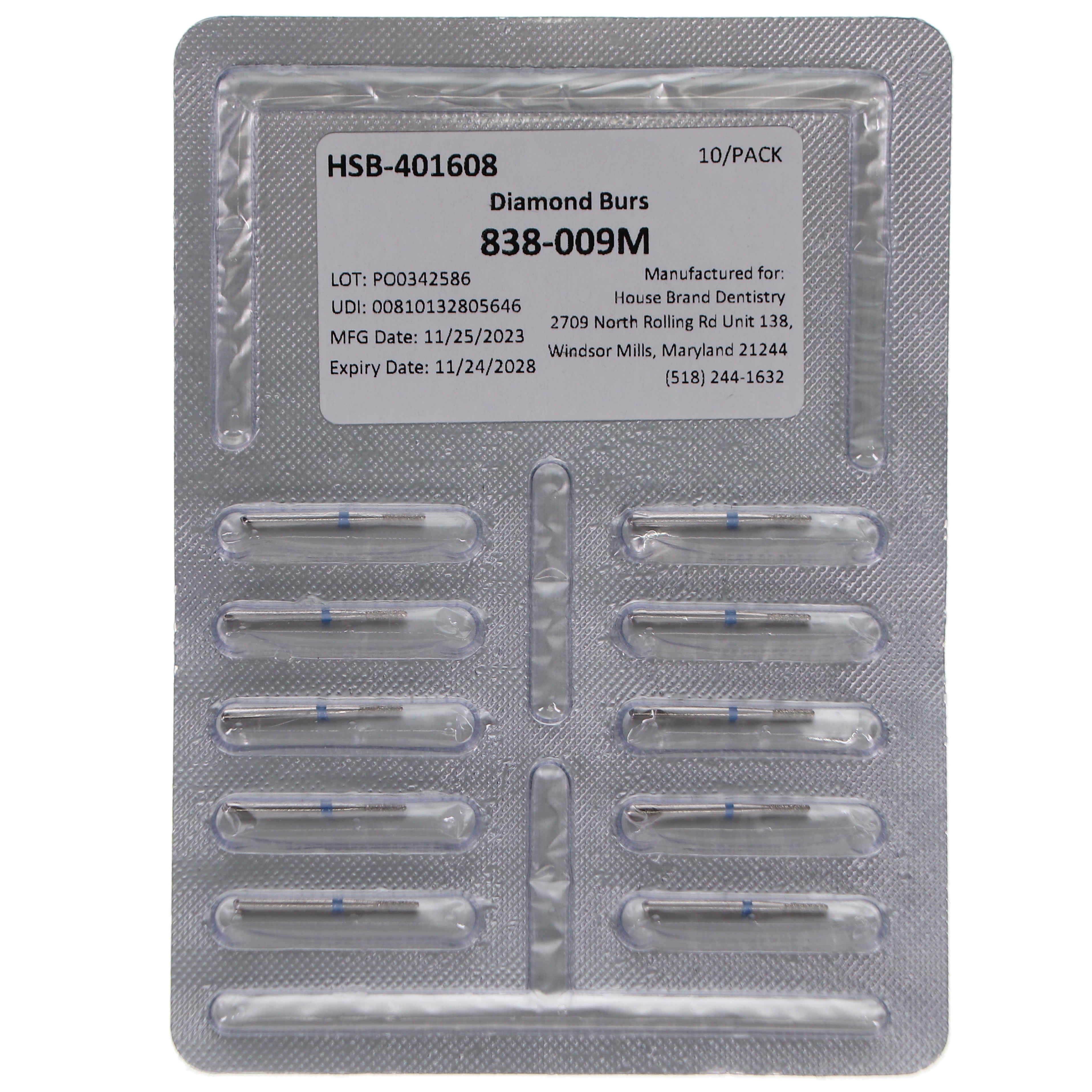 House Brand Dentistry 401608 HSB FG 838.009M Round End Cylinder Medium Grit Diamond Burs 10/Pk