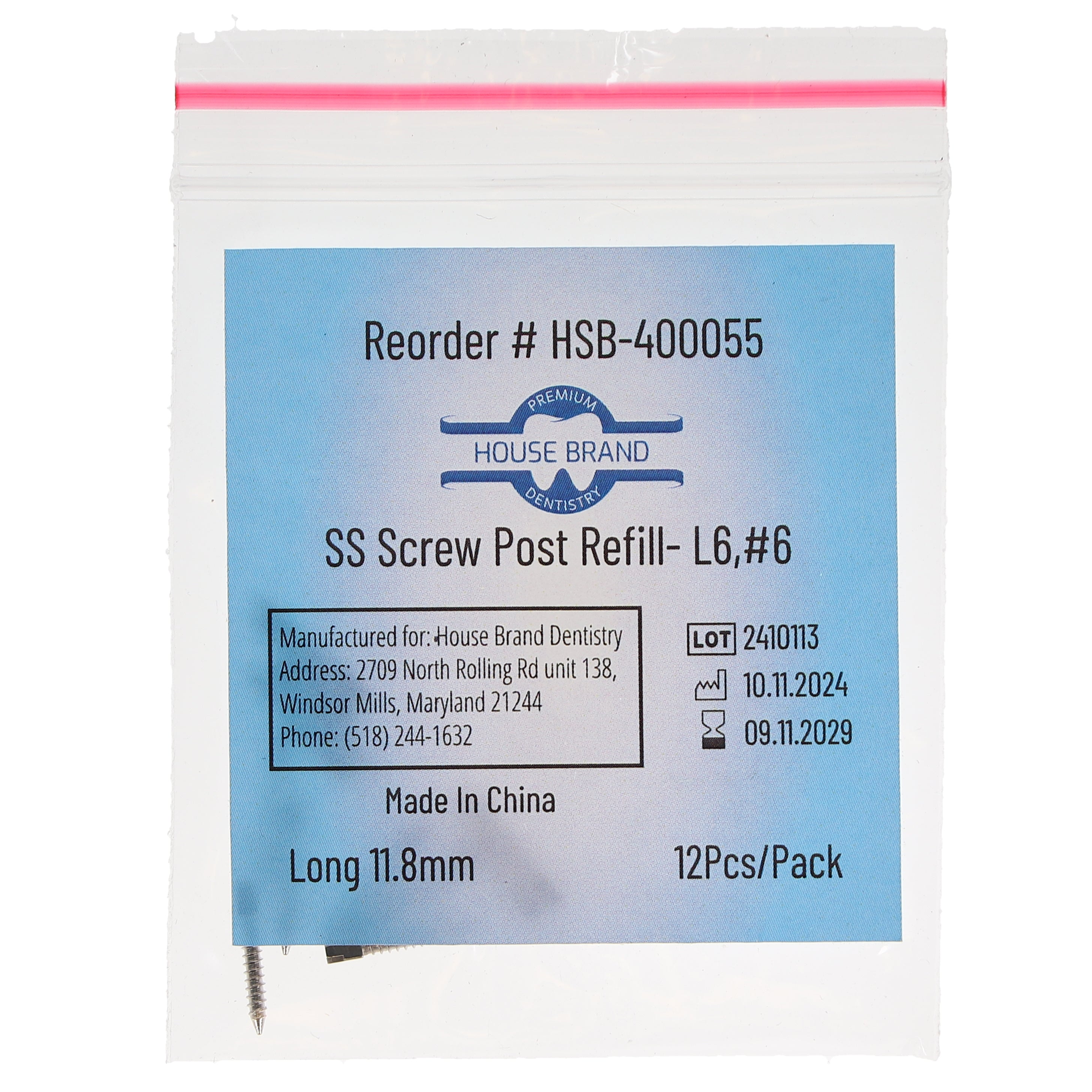 House Brand Dentistry 400055 HSB Screw Posts L6 #6 Long 11.8mm Stainless Steel 12/Pk