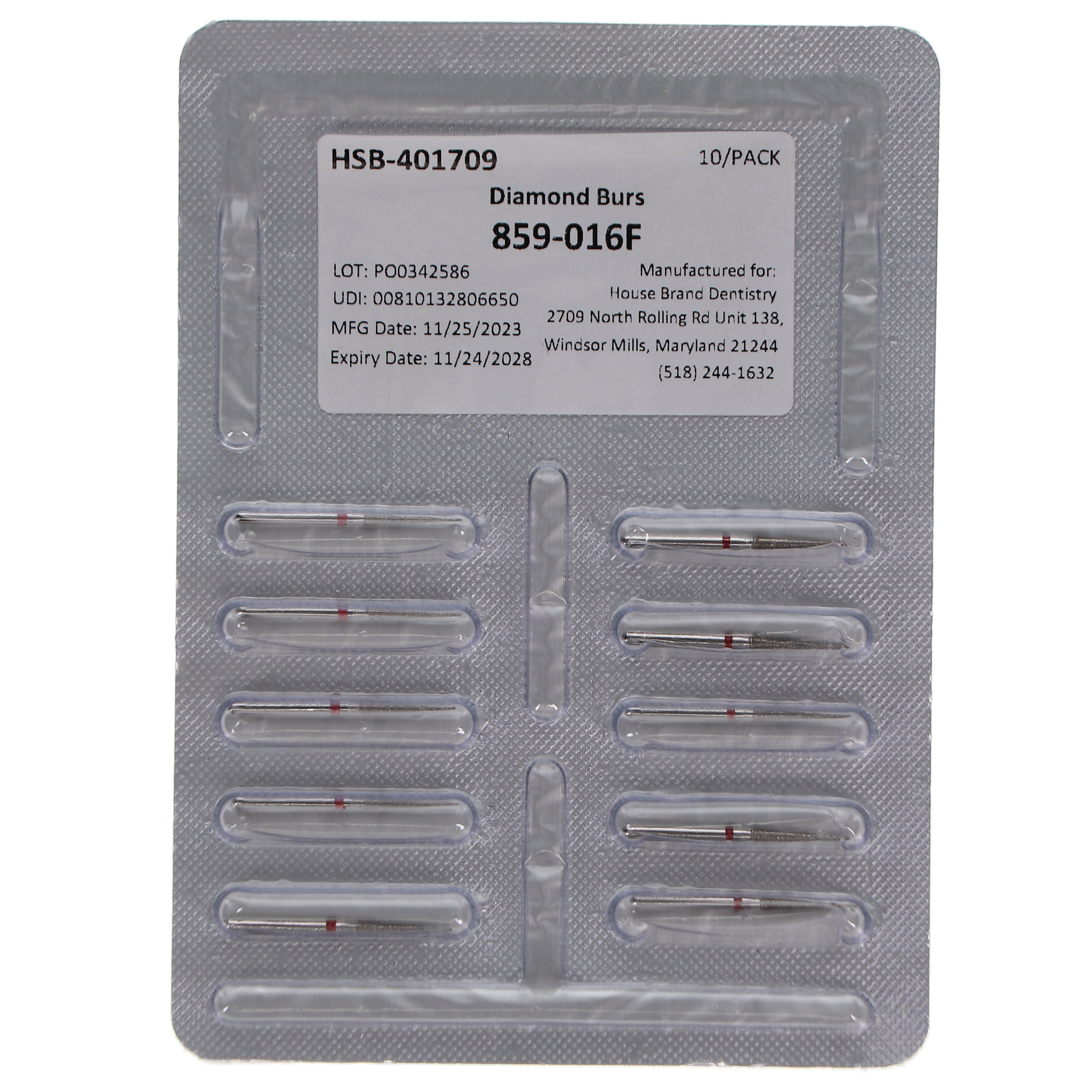 House Brand Dentistry 401709 HSB FG 859-016F Needle Fine Grit Diamond Burs 10/Pk