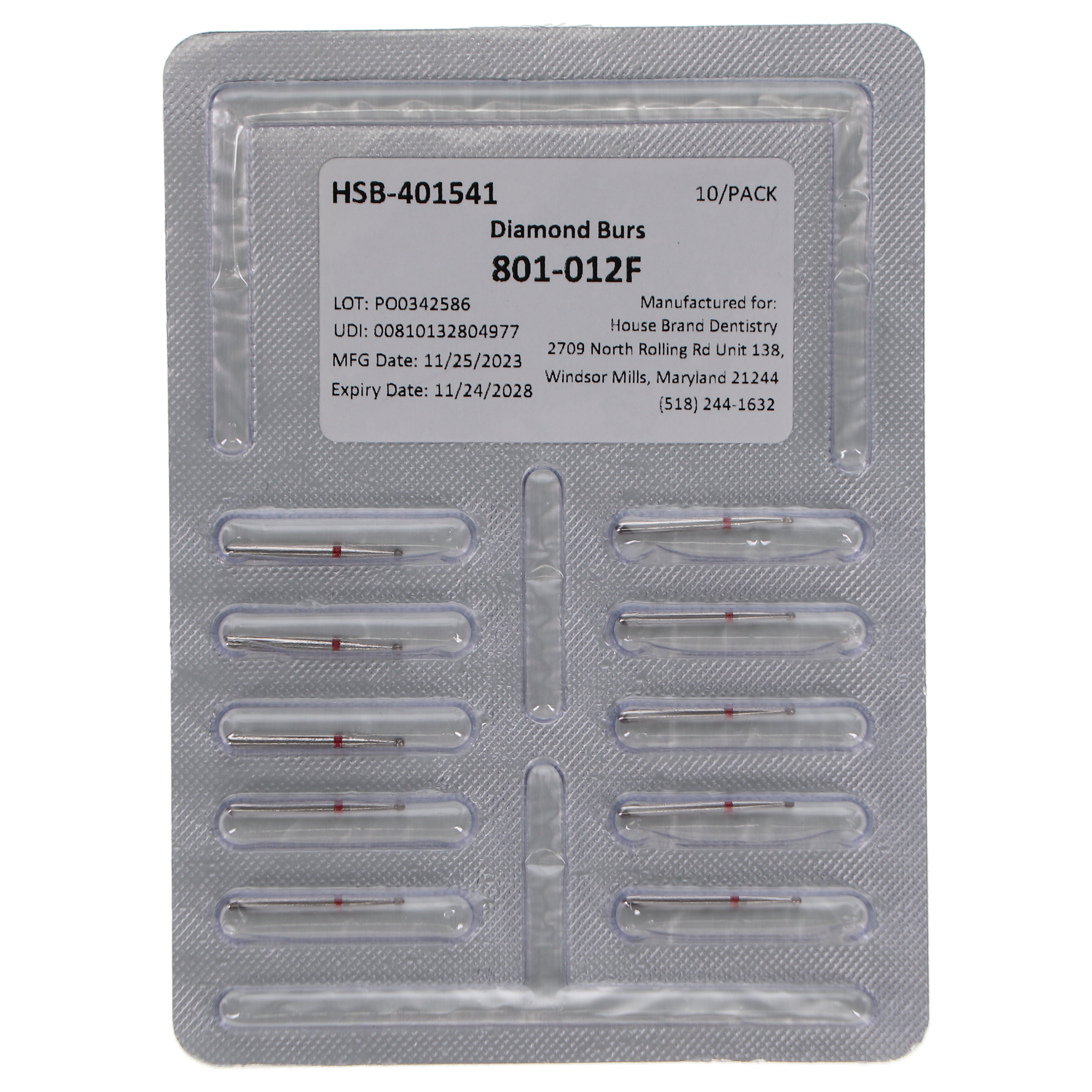 House Brand Dentistry 401541 HSB FG 801-012F Round End Cylinder Fine Grit Diamond Burs 10/Pk