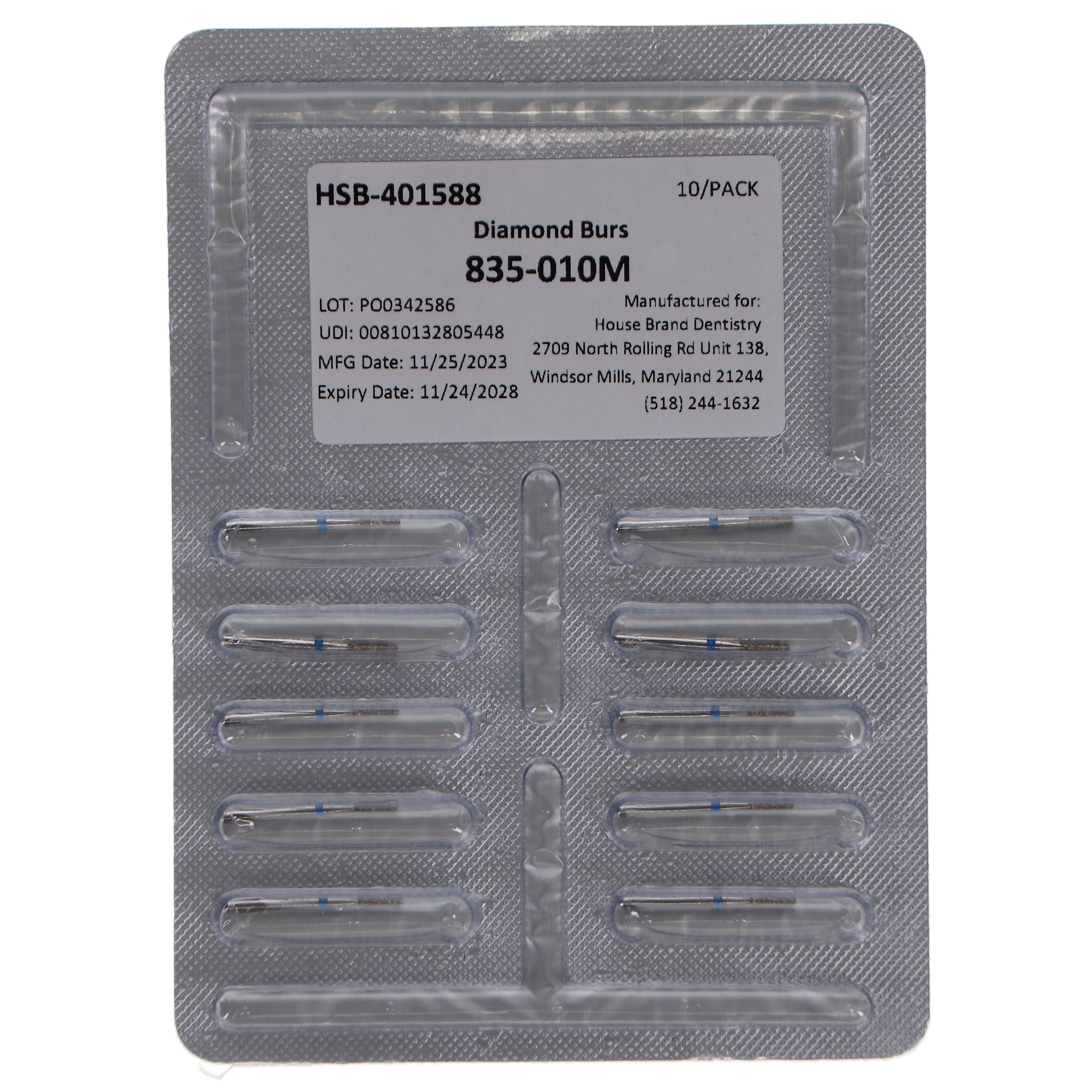 House Brand Dentistry 401588 FG 835-010M Flat End Cylinder Medium Grit Diamond Burs 10/Pk