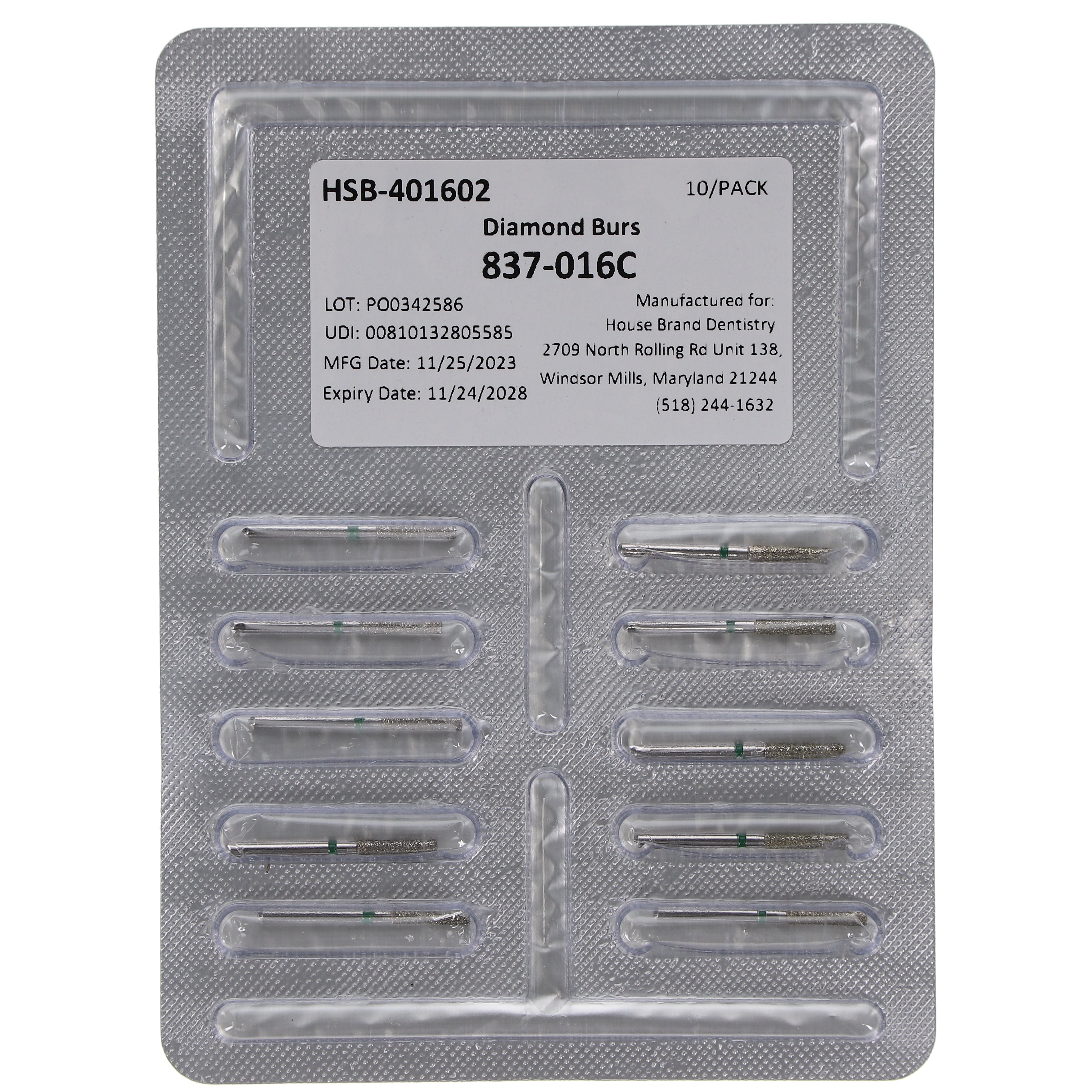 House Brand Dentistry 401602 HSB FG 837-016C Flat End Cylinder Coarse Grit Diamond Burs 10/Pk