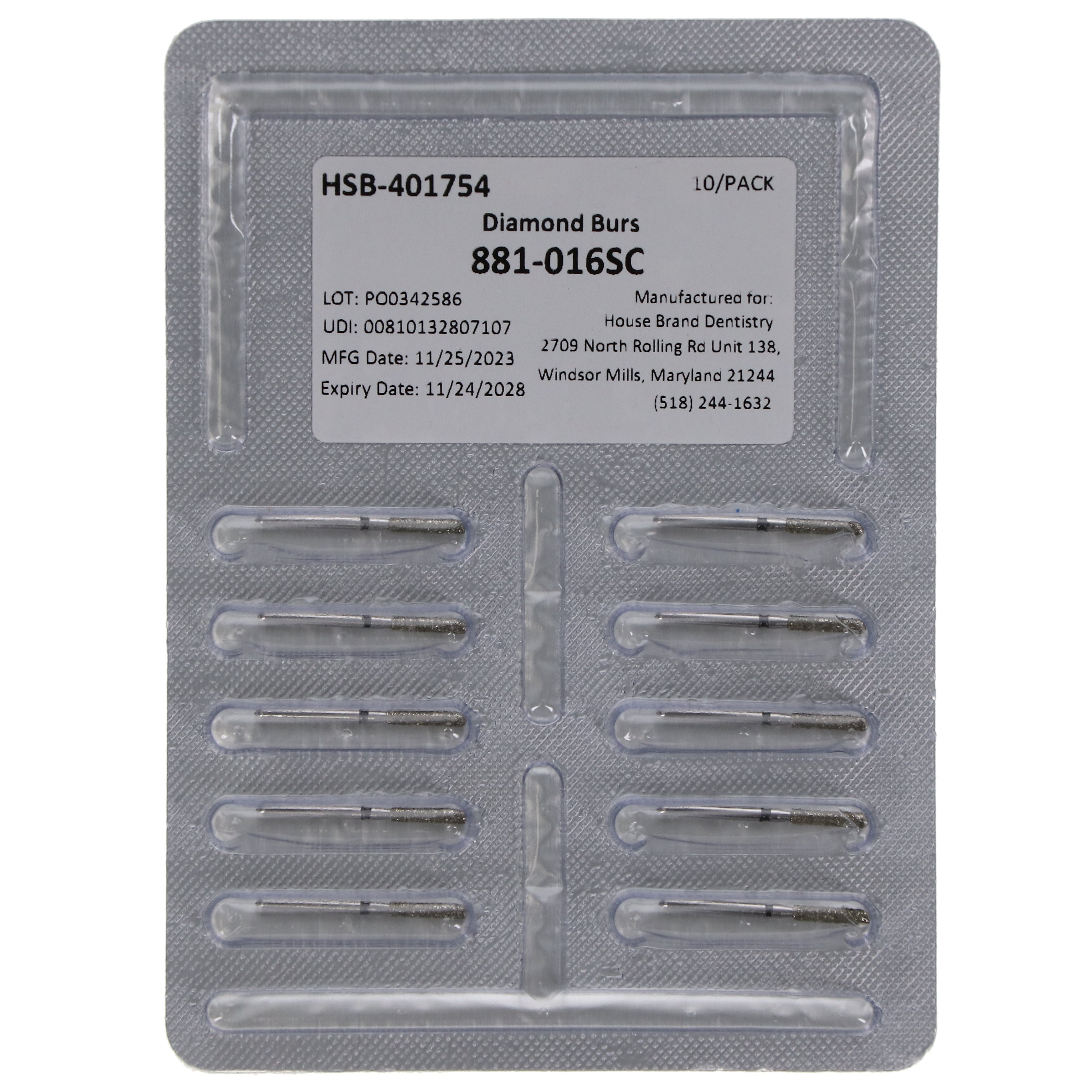 House Brand Dentistry 401754 HSB FG 881-016SC Round End Cylinder Super Coarse Grit Diamond Burs 10/Pk