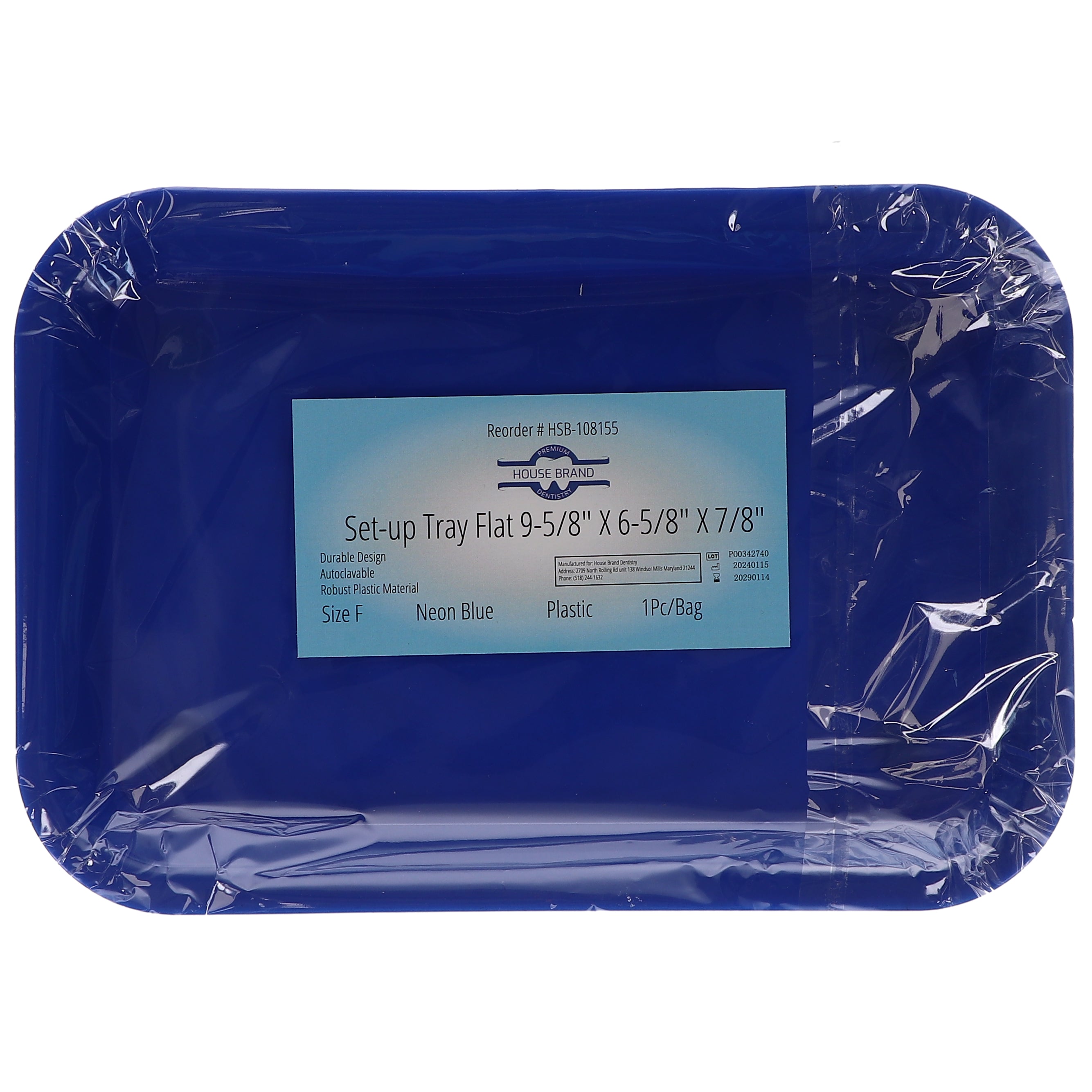 House Brand Dentistry 108155 HSB Set-Up Tray Flat #F Neon Blue Plastic 9-5/8