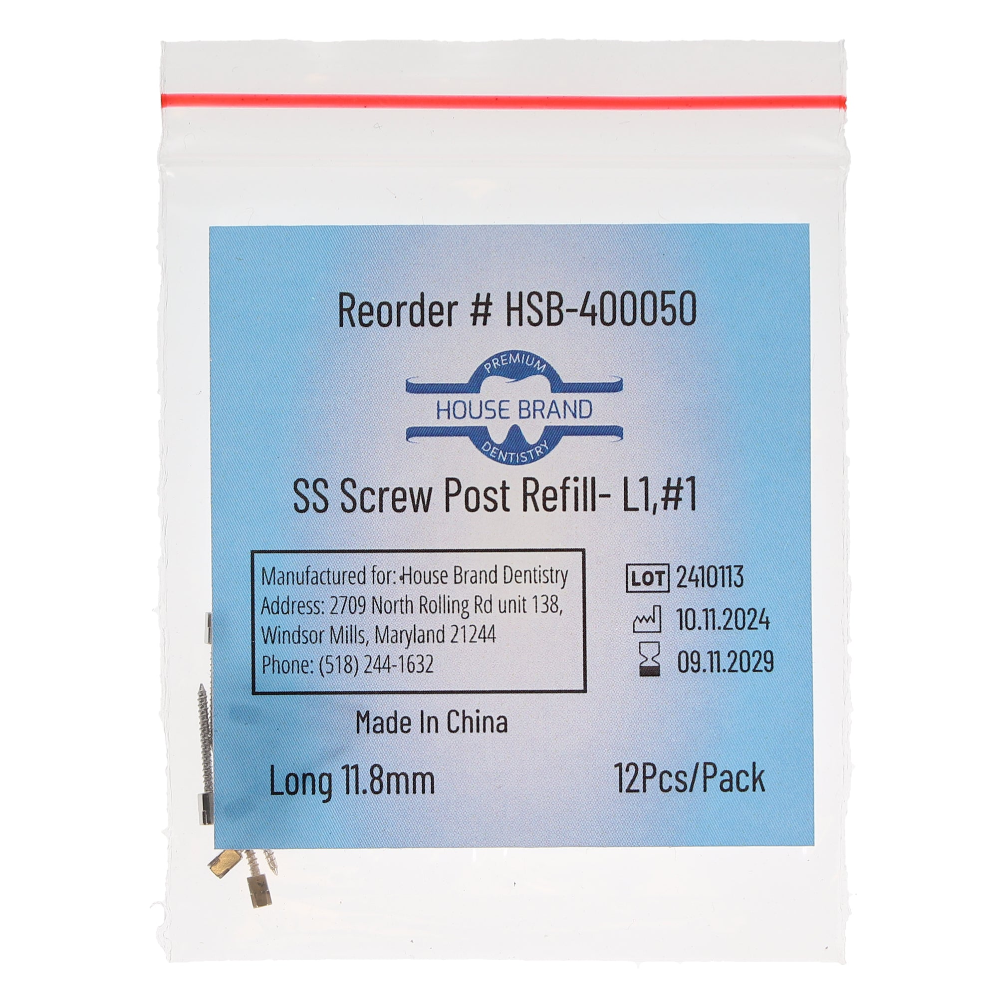 House Brand Dentistry 400050 HSB Screw Posts L1 #1 Long 11.8mm Stainless Steel 12/Pk