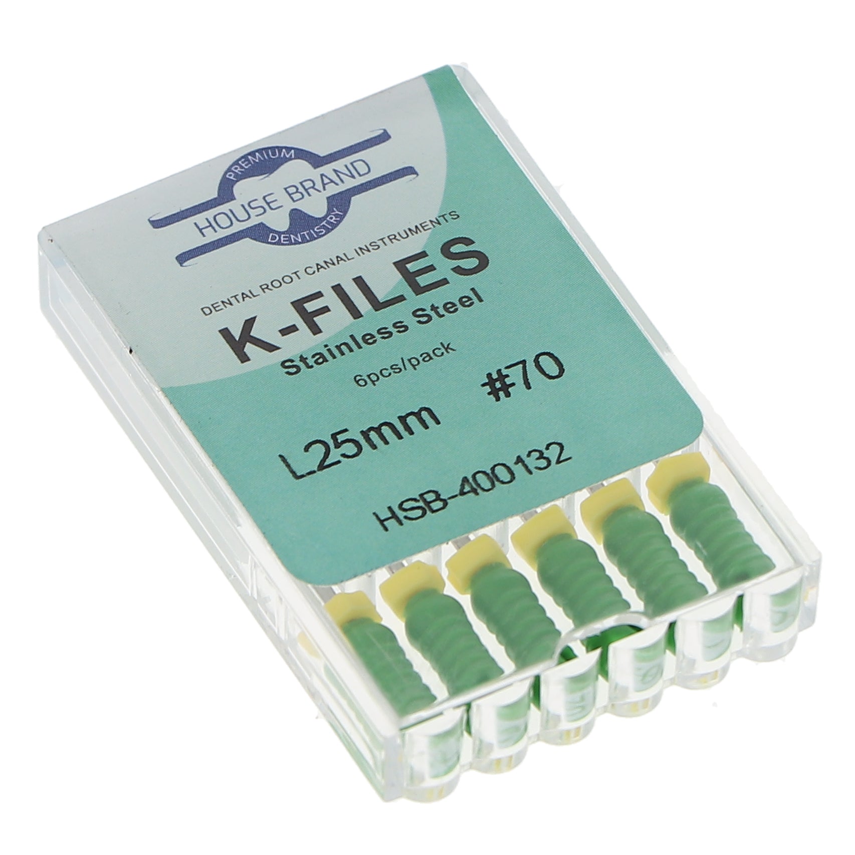 House Brand Dentistry 400132 HSB Endodontic K-Files 25mm #70 Green Stainless Steel 6/Pk