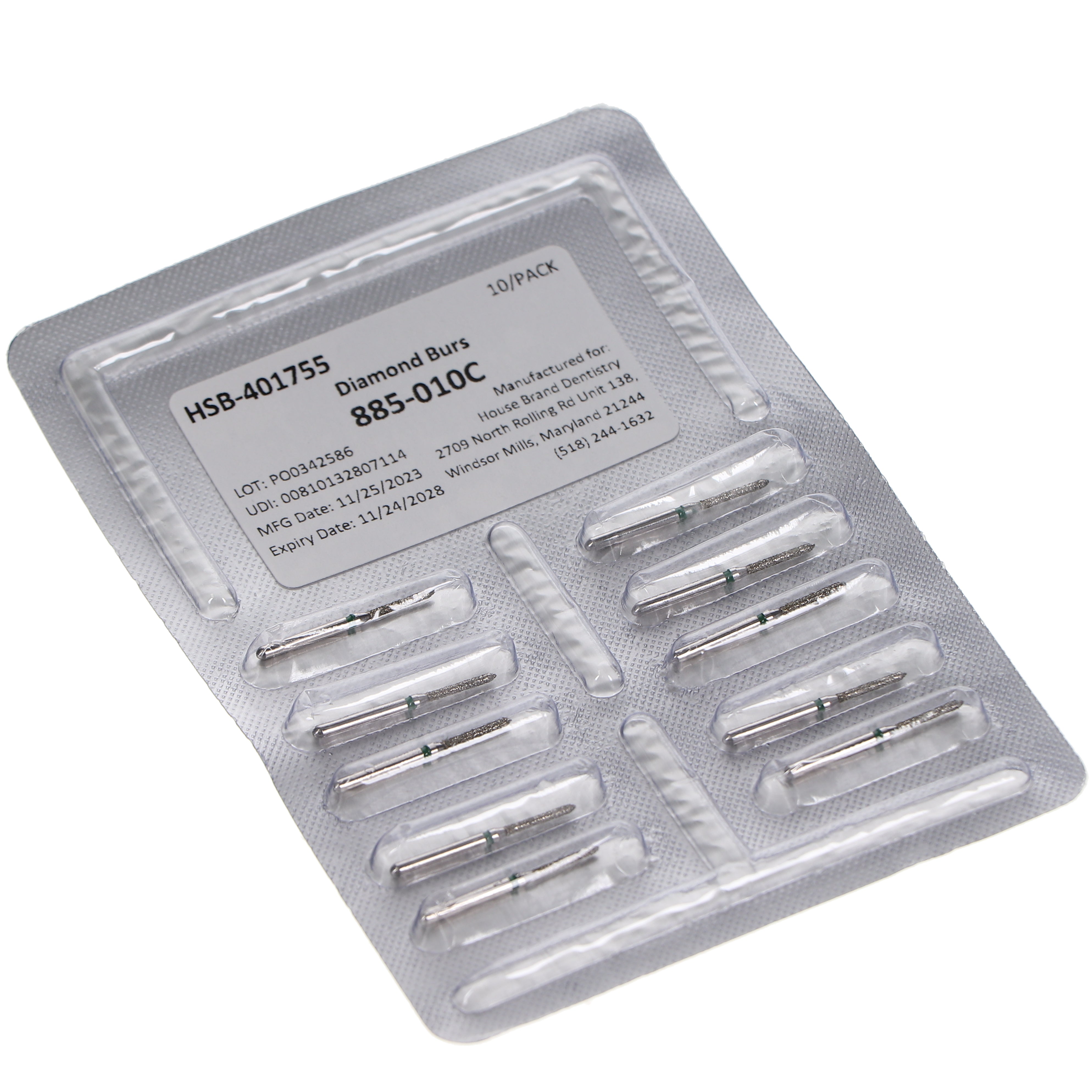 House Brand Dentistry 401755 HSB FG 885-010 Beveled Cylinder Coarse Grit Diamond Burs 10/Pk