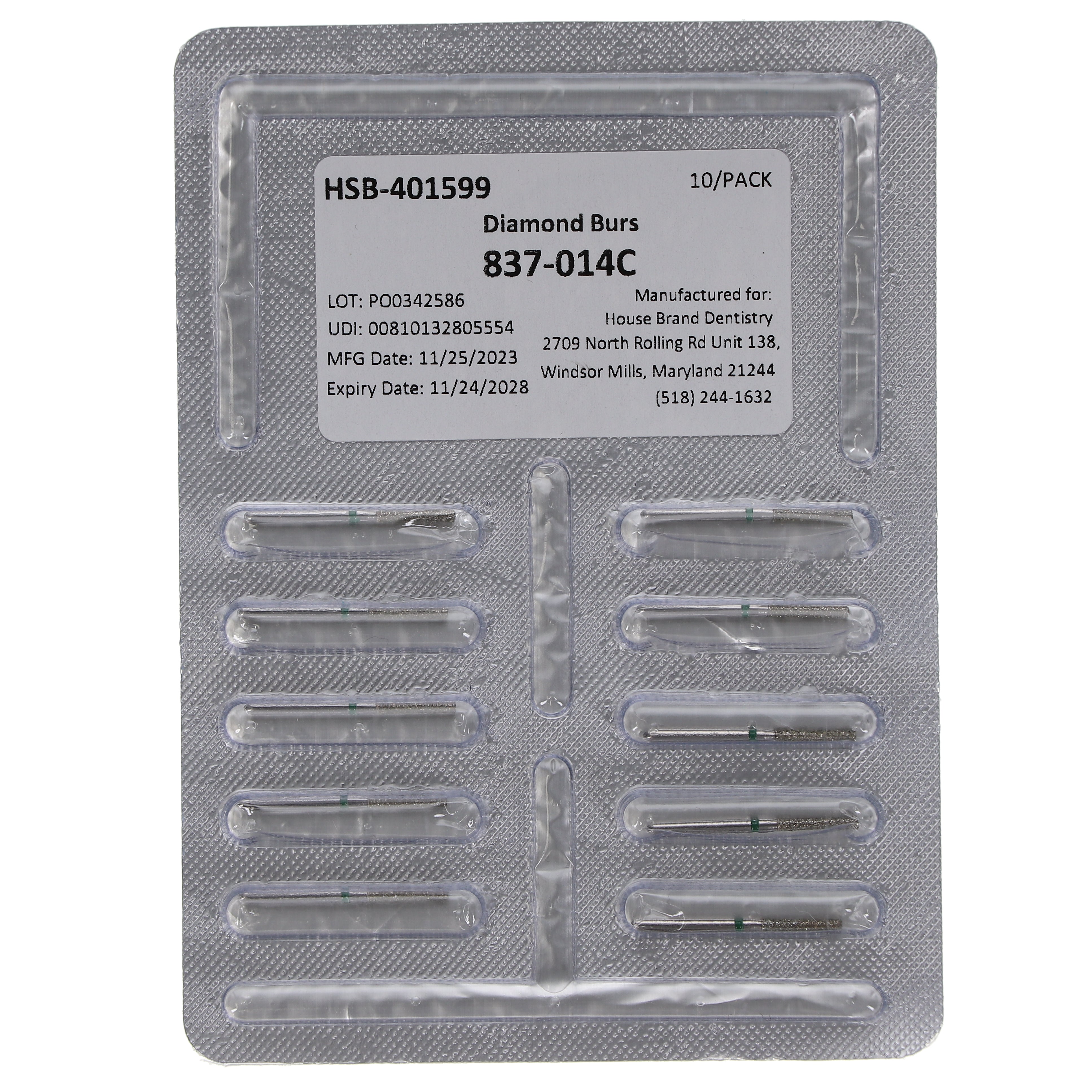 House Brand Dentistry 401599 HSB FG 837-014C Flat End Cylinder Coarse Grit Diamond Burs 10/Pk