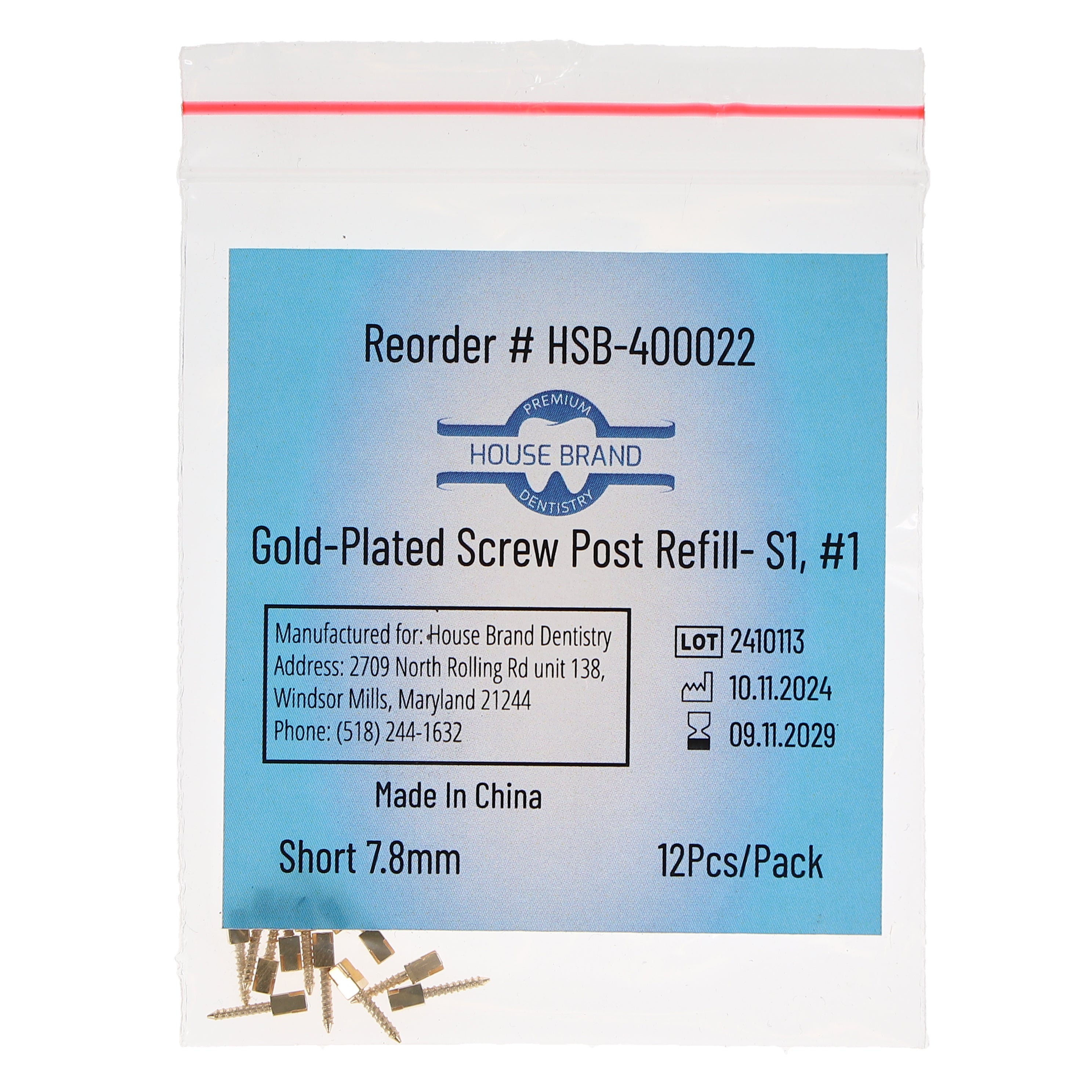 House Brand Dentistry 400022 HSB Gold Plated Screw Posts S1 #1 Short 7.8mm 12/Pk