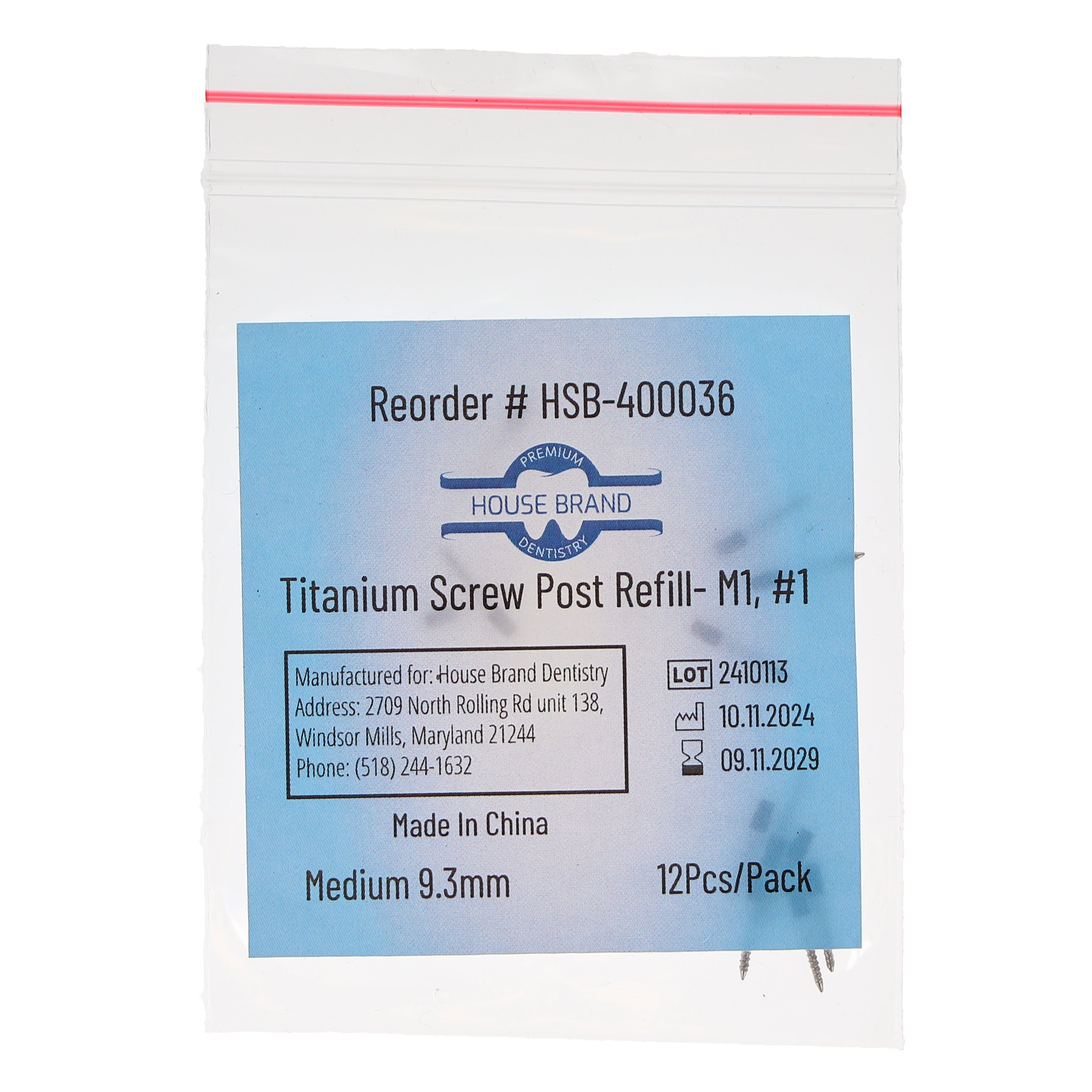 House Brand Dentistry 400036 HSB Titanium Screw Posts M1 #1 Medium 9.3mm 12/Pk
