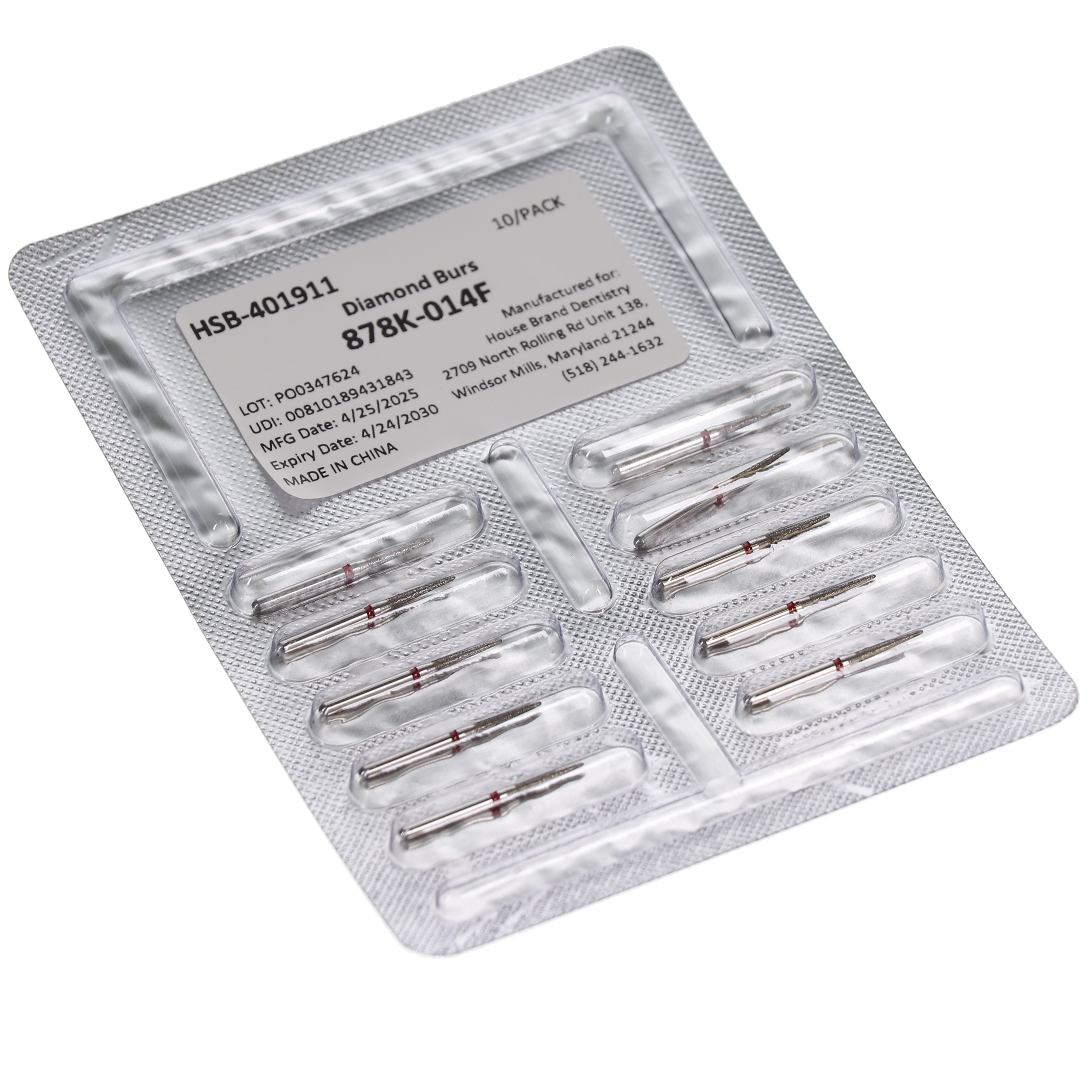 House Brand Dentistry 401911 HSB FG 878K-014F Curettage Fine Grit Diamond Burs 10/Pk