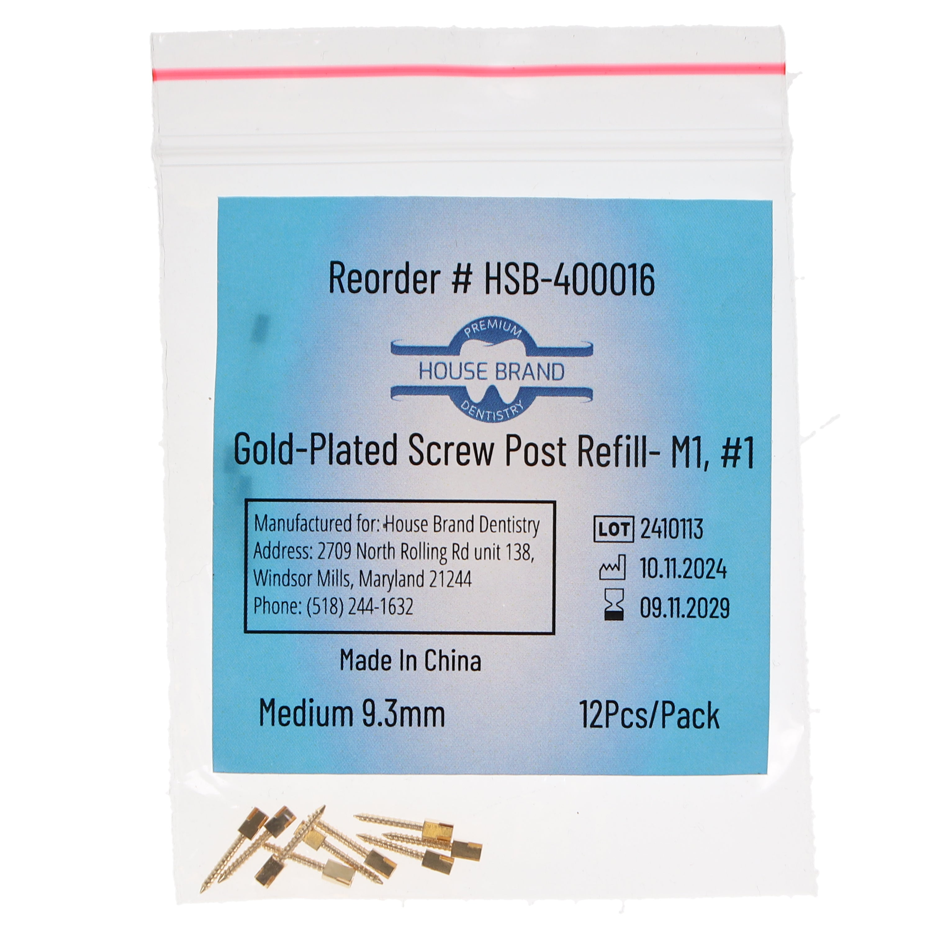 House Brand Dentistry 400016 HSB Gold Plated Screw Posts M1 #1 Medium 9.3mm 12/Pk