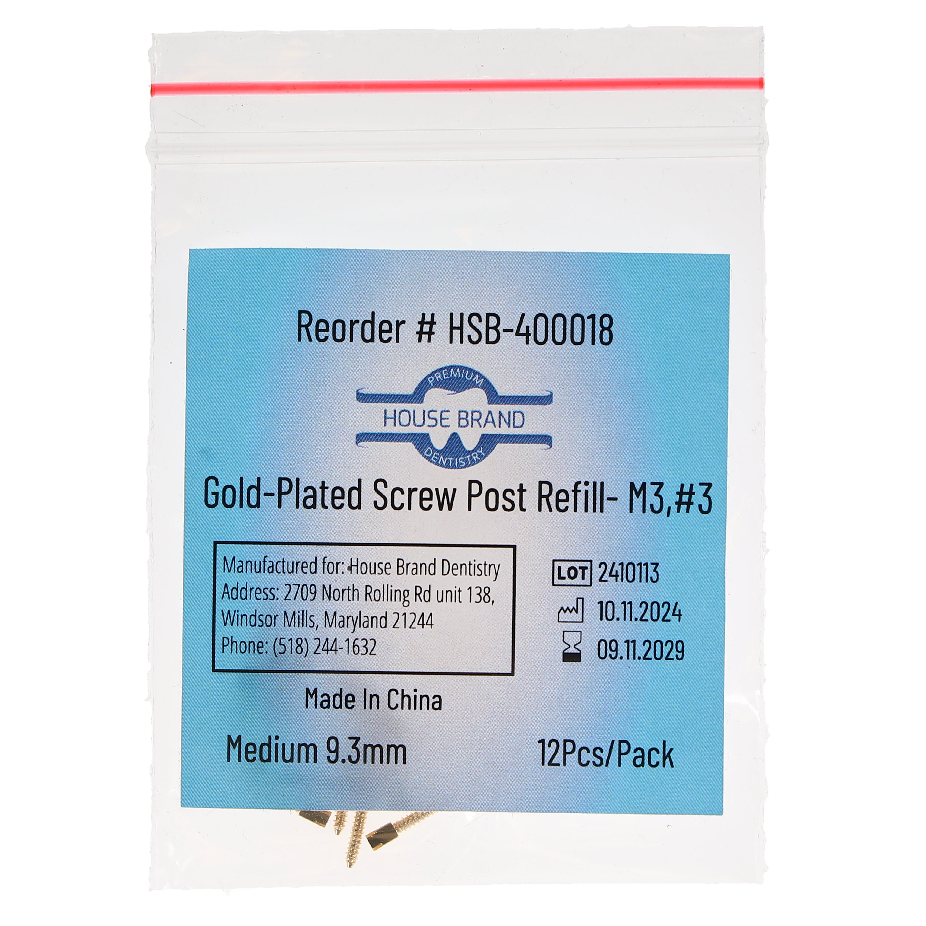 House Brand Dentistry 400018 HSB Gold Plated Screw Posts M3 #3 Medium 9.3mm 12/Pk