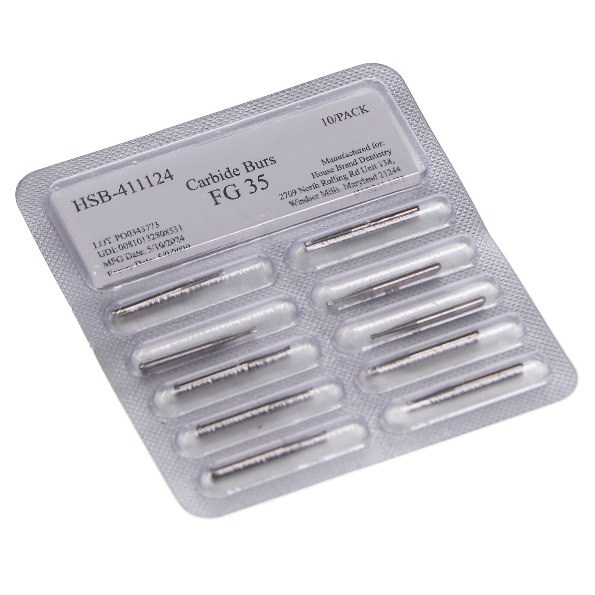 House Brand Dentistry 411124 HSB FG #35 Inverted Cone Carbide Burs 10/Pk