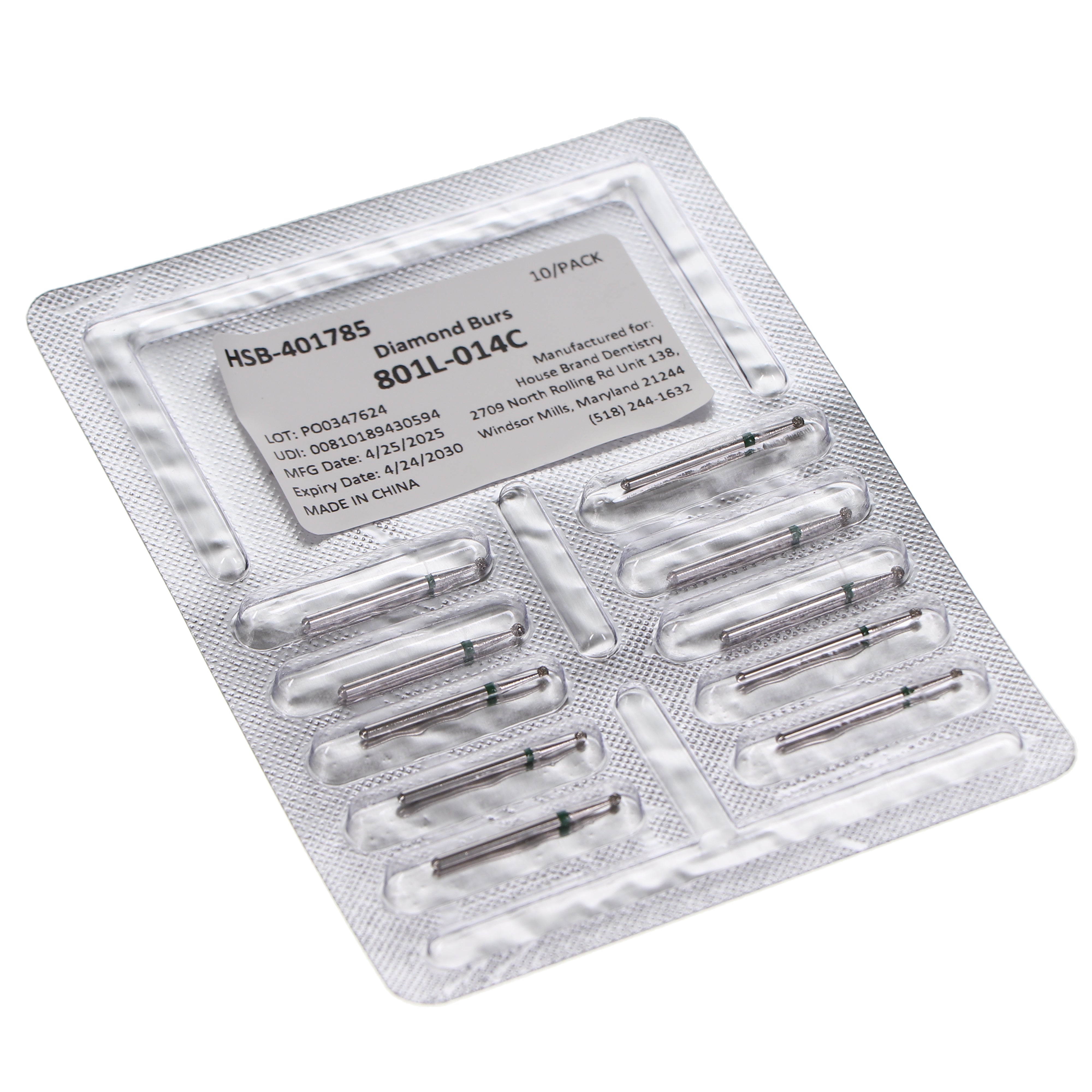 House Brand Dentistry 401785 HSB FG 801L-014C Long Round Coarse Grit Diamond Burs 10/Pk