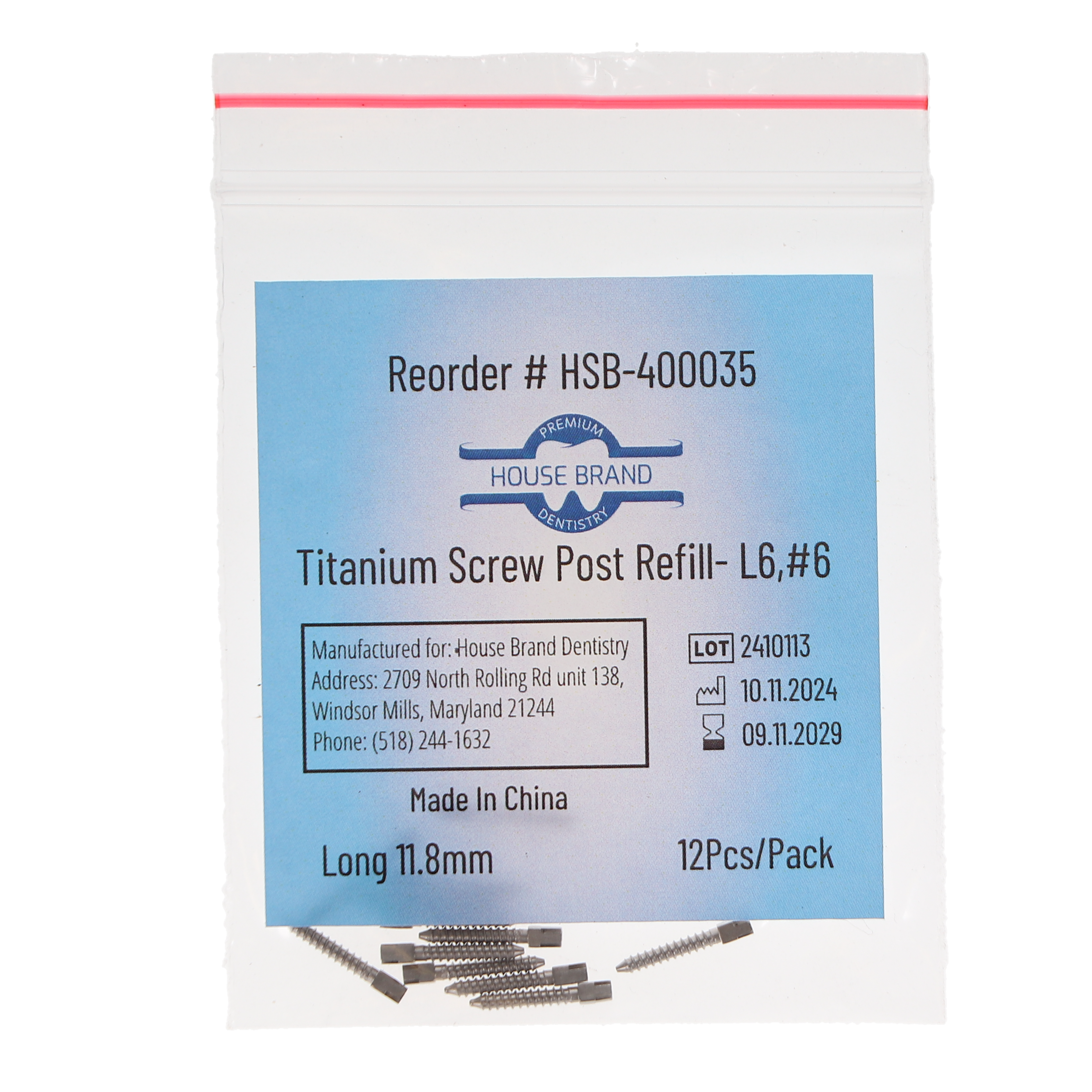 House Brand Dentistry 400035 HSB Titanium Screw Posts L6 #6 Long 11.8mm 12/Pk