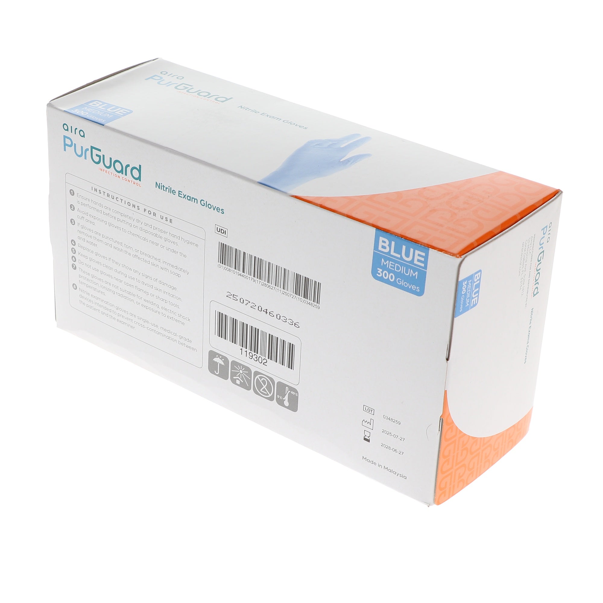 Aira 119302 PurGuard Nitrile Exam Gloves Blue Medium Latex Free 300/Bx