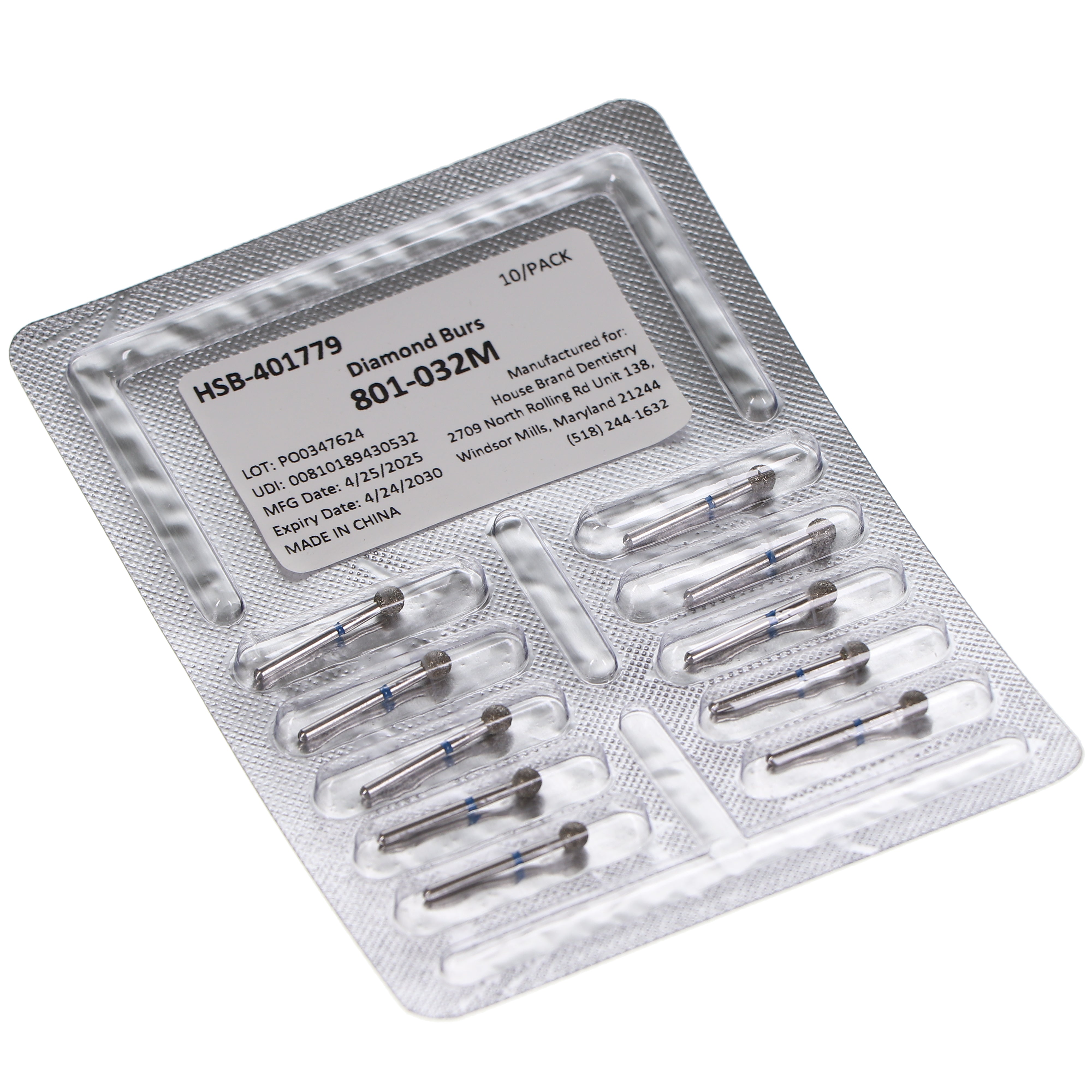 House Brand Dentistry 401779 HSB FG 801-032M Round Medium Grit Diamond Burs 10/Pk