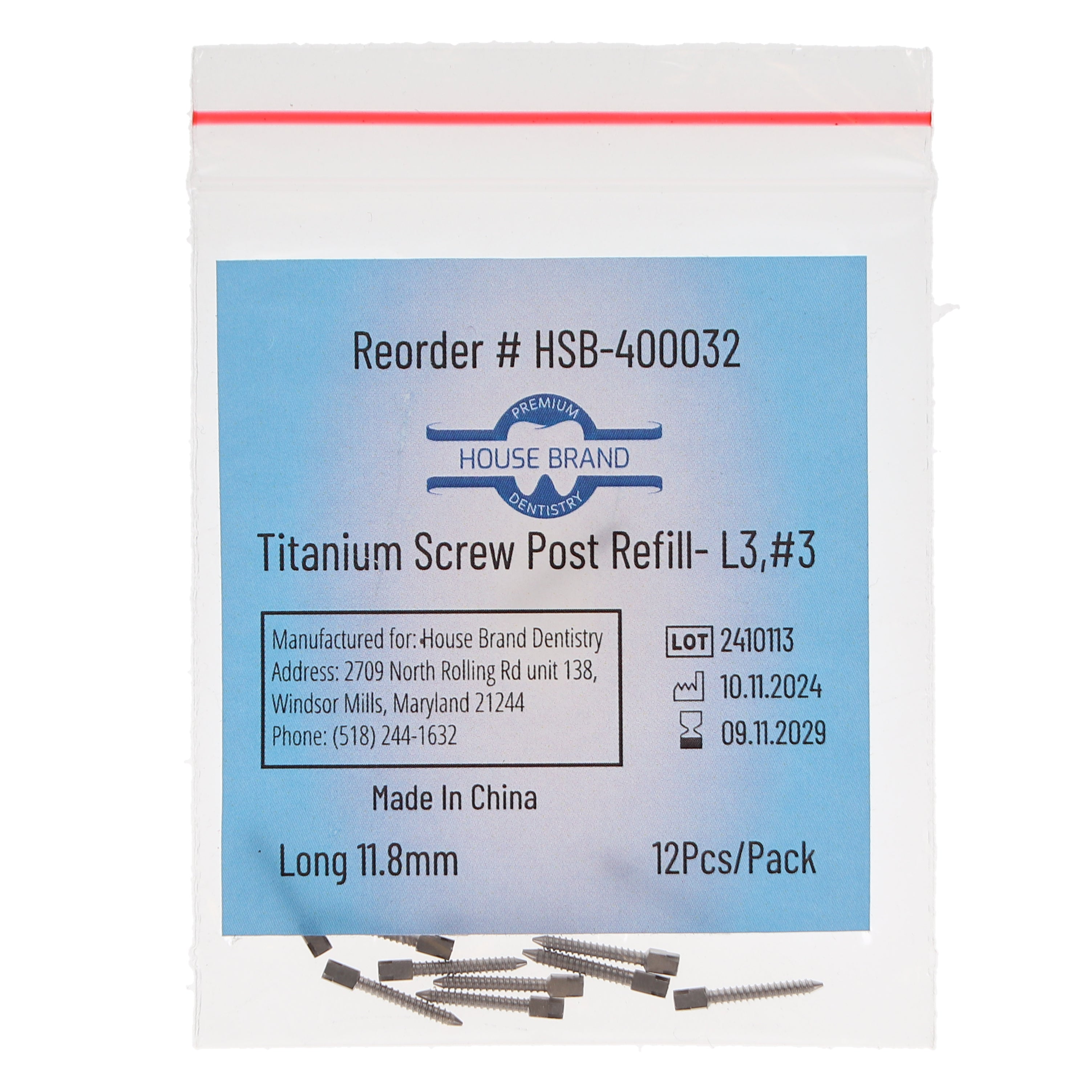 House Brand Dentistry 400032 HSB Titanium Screw Posts L3 #3 Long 11.8mm 12/Pk