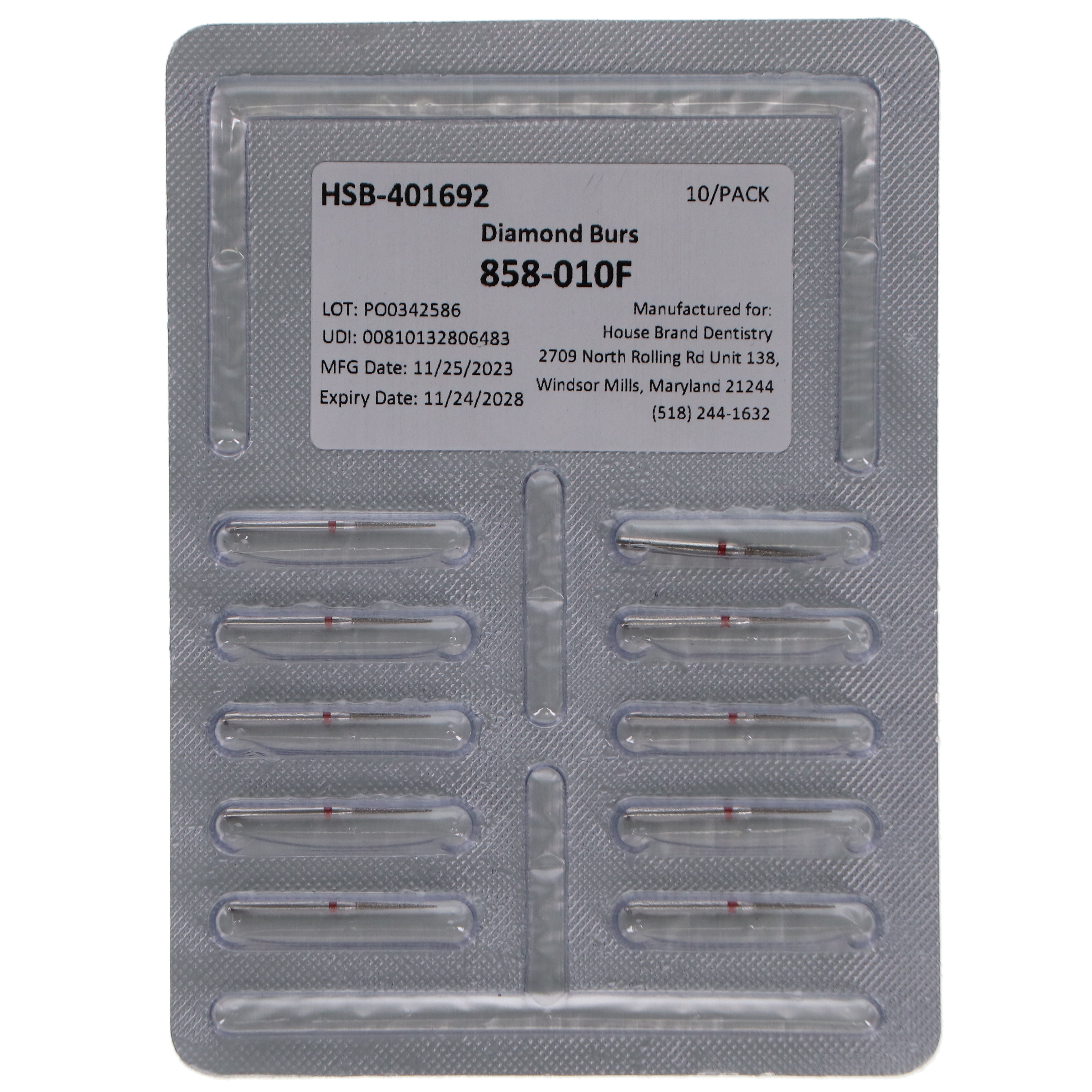 House Brand Dentistry 401692 FG 858-010F Needle Fine Grit Diamond Burs 10/Pk