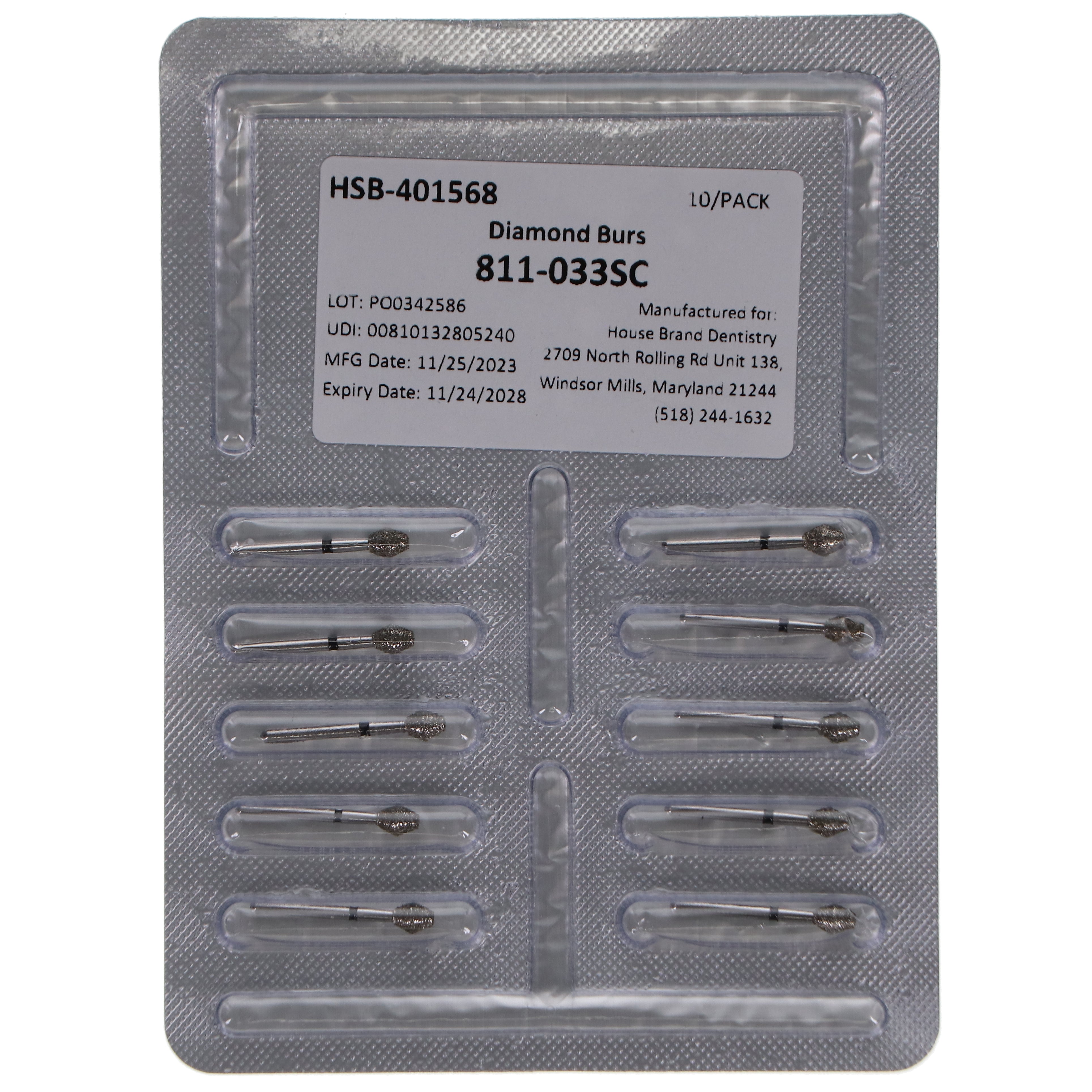 House Brand Dentistry 401568 FG 811-033SC Barrel Super Coarse Grit Diamond Burs 10/Pk